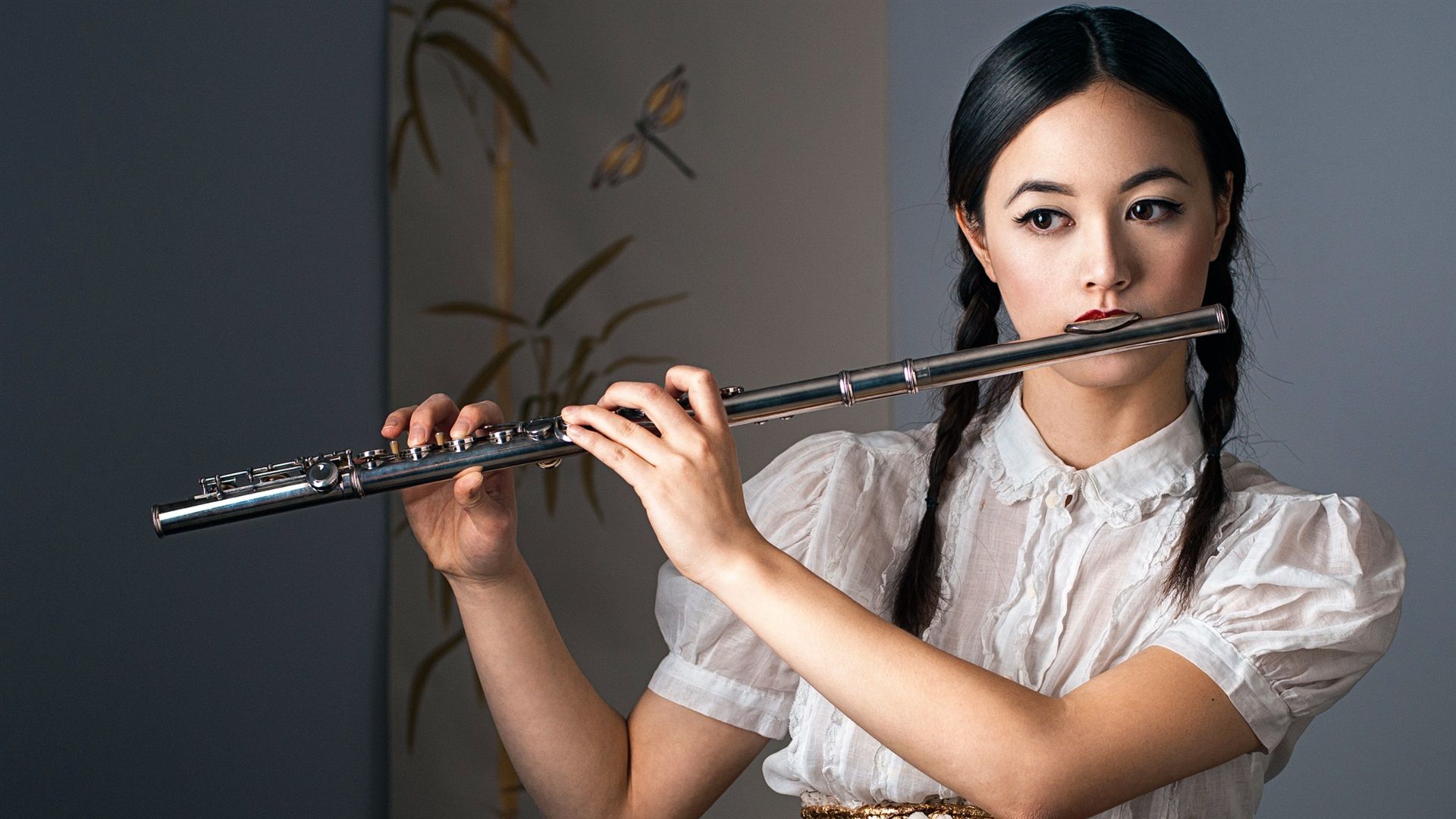 Wallpaper Chinese girl play flute, braid 1920x1200 HD Picture, Image