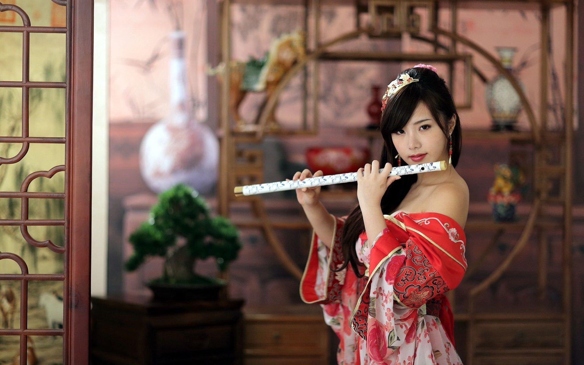 Wallpaper Red dress girl, playing flute 1920x1200 HD Picture, Image