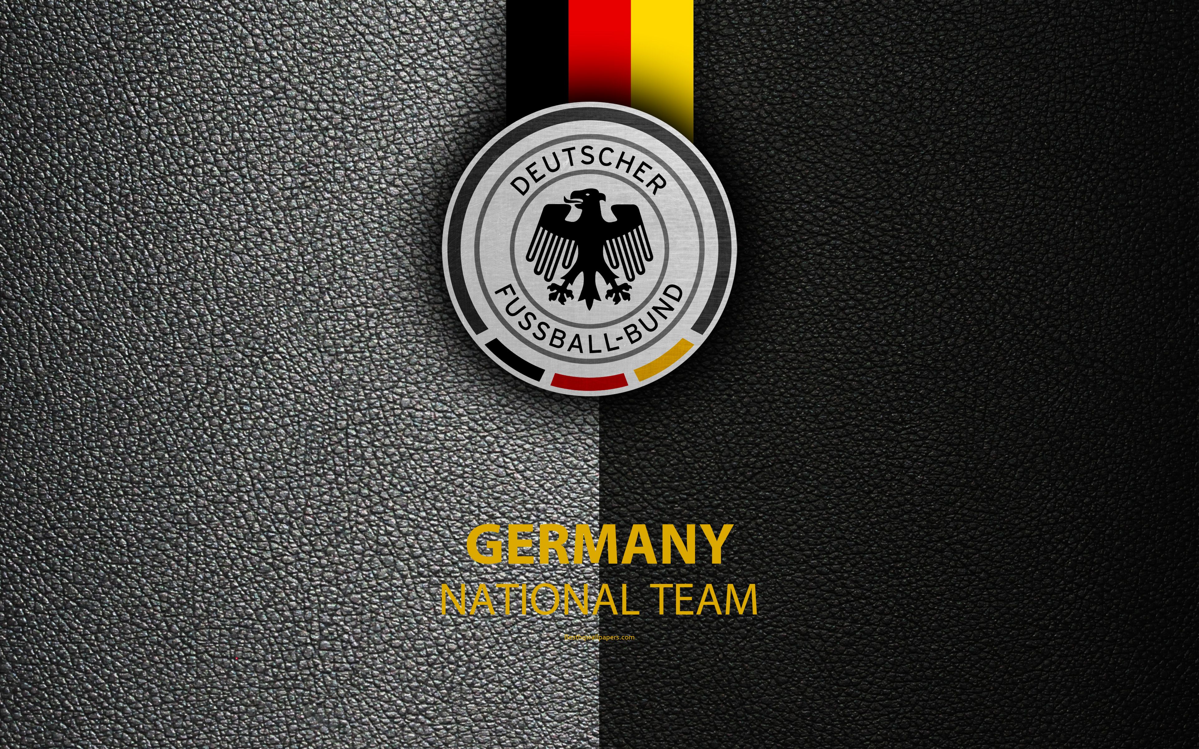 Download wallpaper Germany national football team, 4k, leather texture, emblem, logo, football, Germany, Europe for desktop with resolution 3840x2400. High Quality HD picture wallpaper