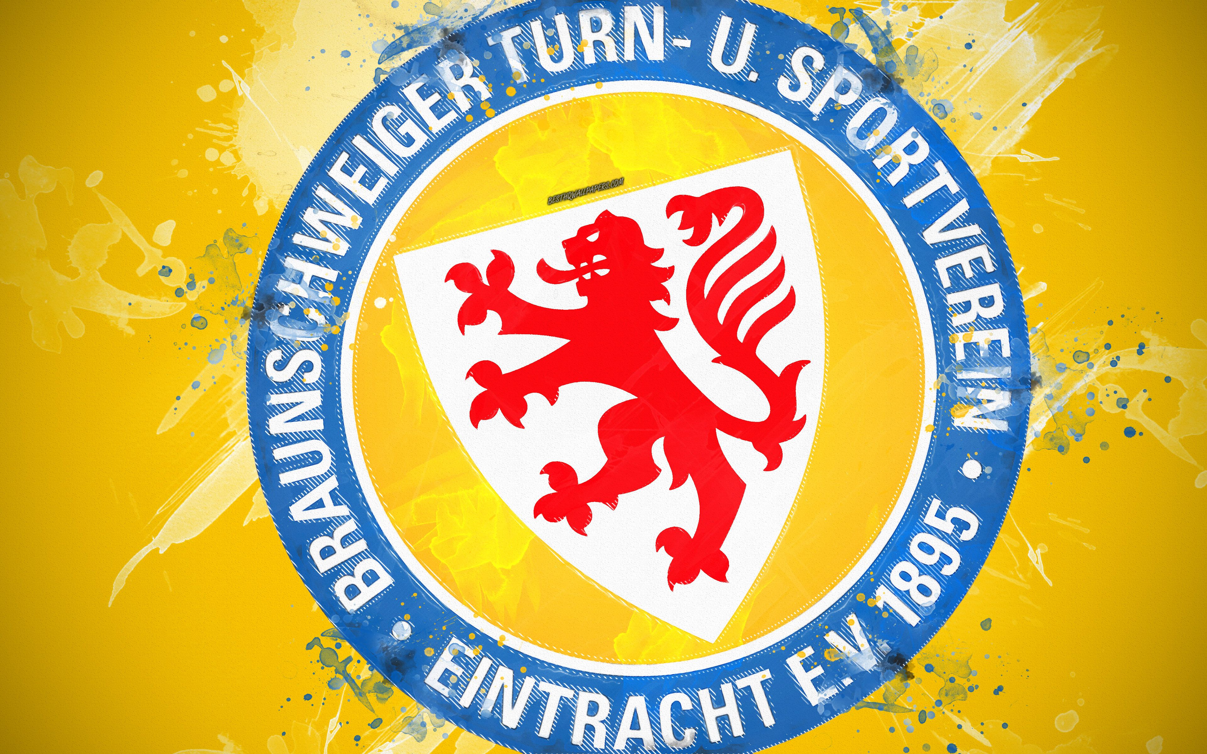 Download wallpaper Eintracht Braunschweig, 4k, paint art, logo, creative, German football team, Bundesliga emblem, yellow background, grunge style, Eintracht, Germany, football, Eintracht FC for desktop with resolution 3840x2400. High Quality HD