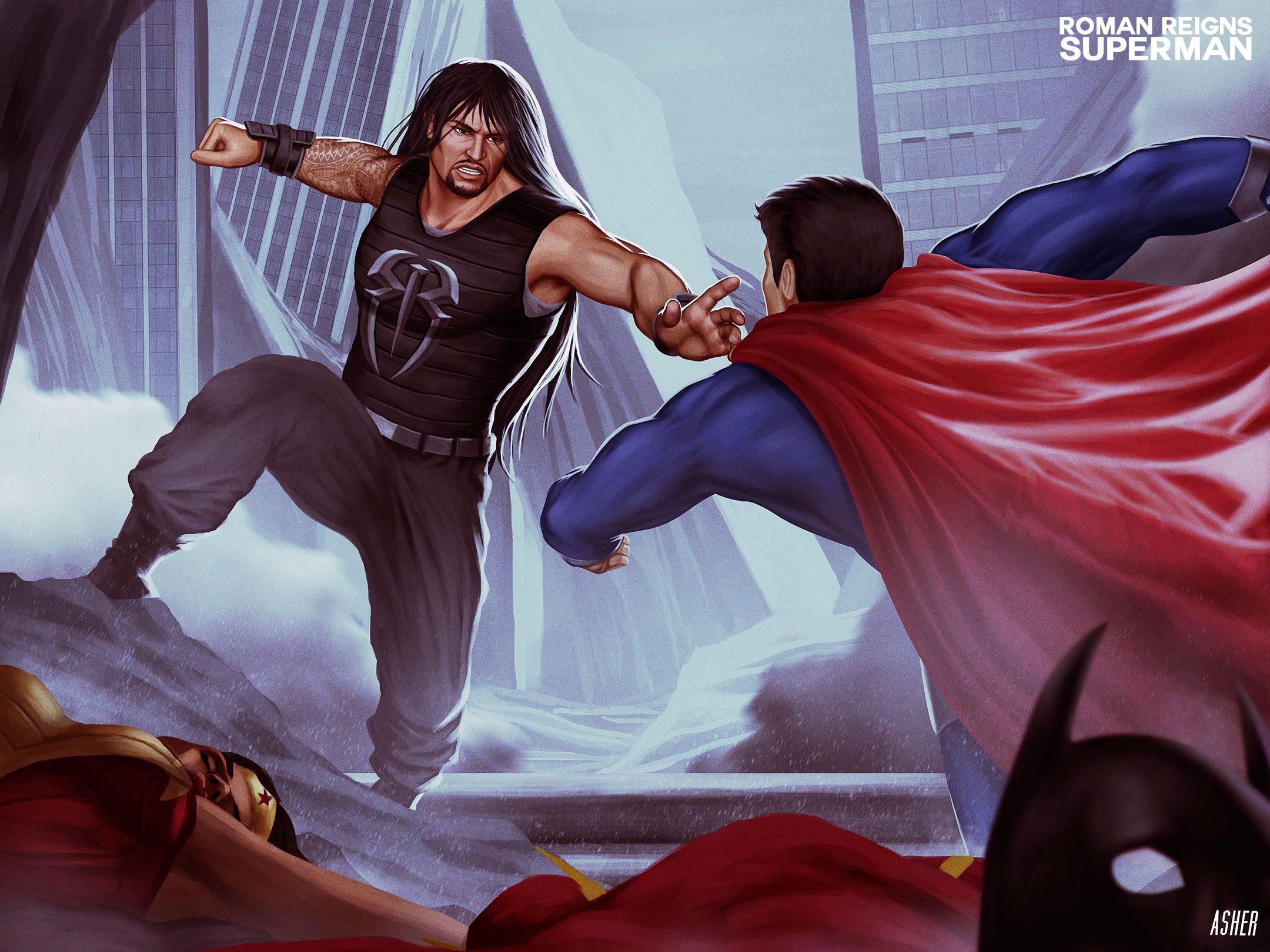 Roman Reigns Vs Superman Art 2048x1152 Resolution HD 4k Wallpaper, Image, Background, Photo and Picture