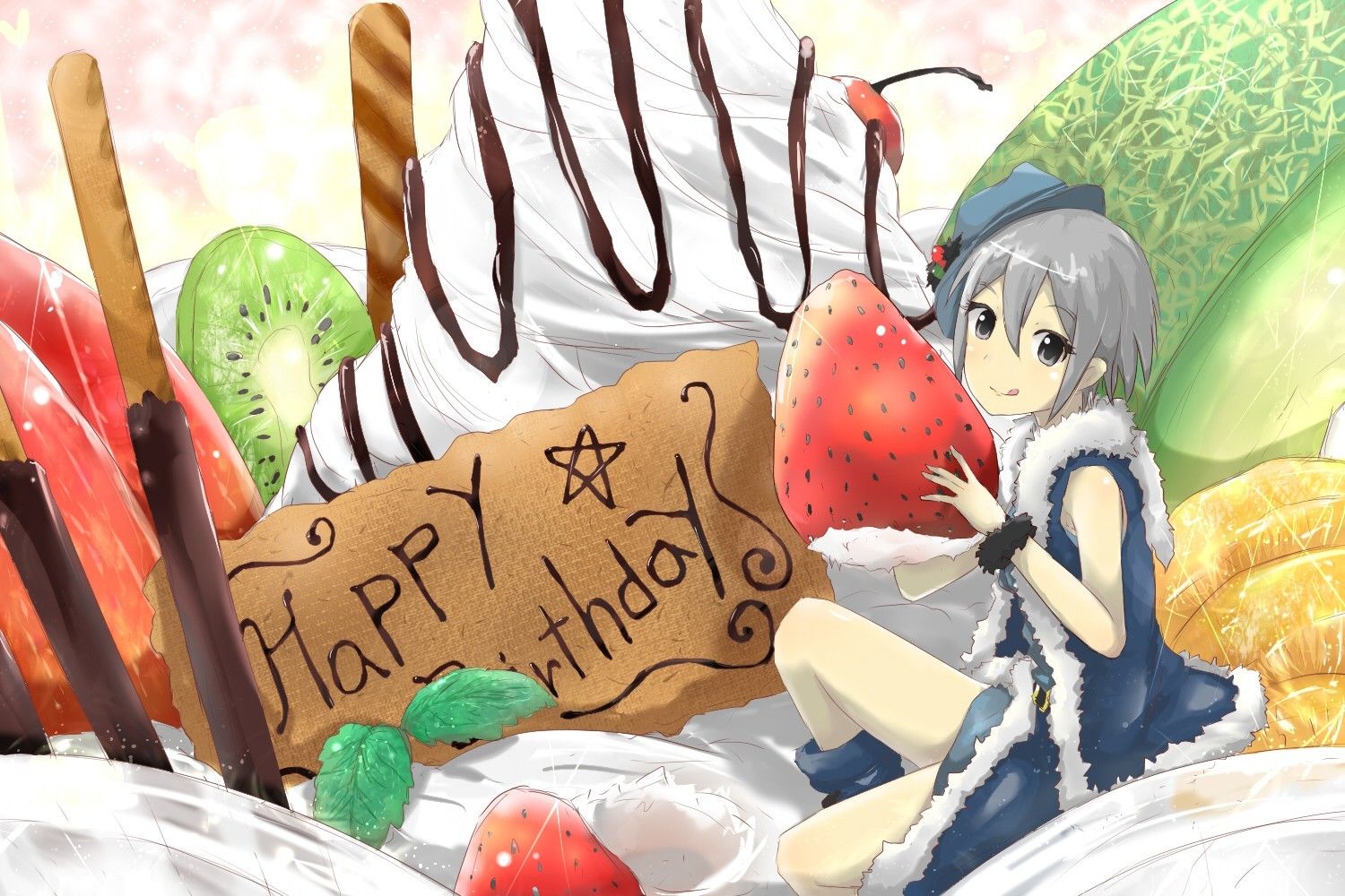 Wallpaper, illustration, food, anime girls, cartoon, original characters, dessert, happy birthday, 1500x1000 px, birthday cake 1500x1000