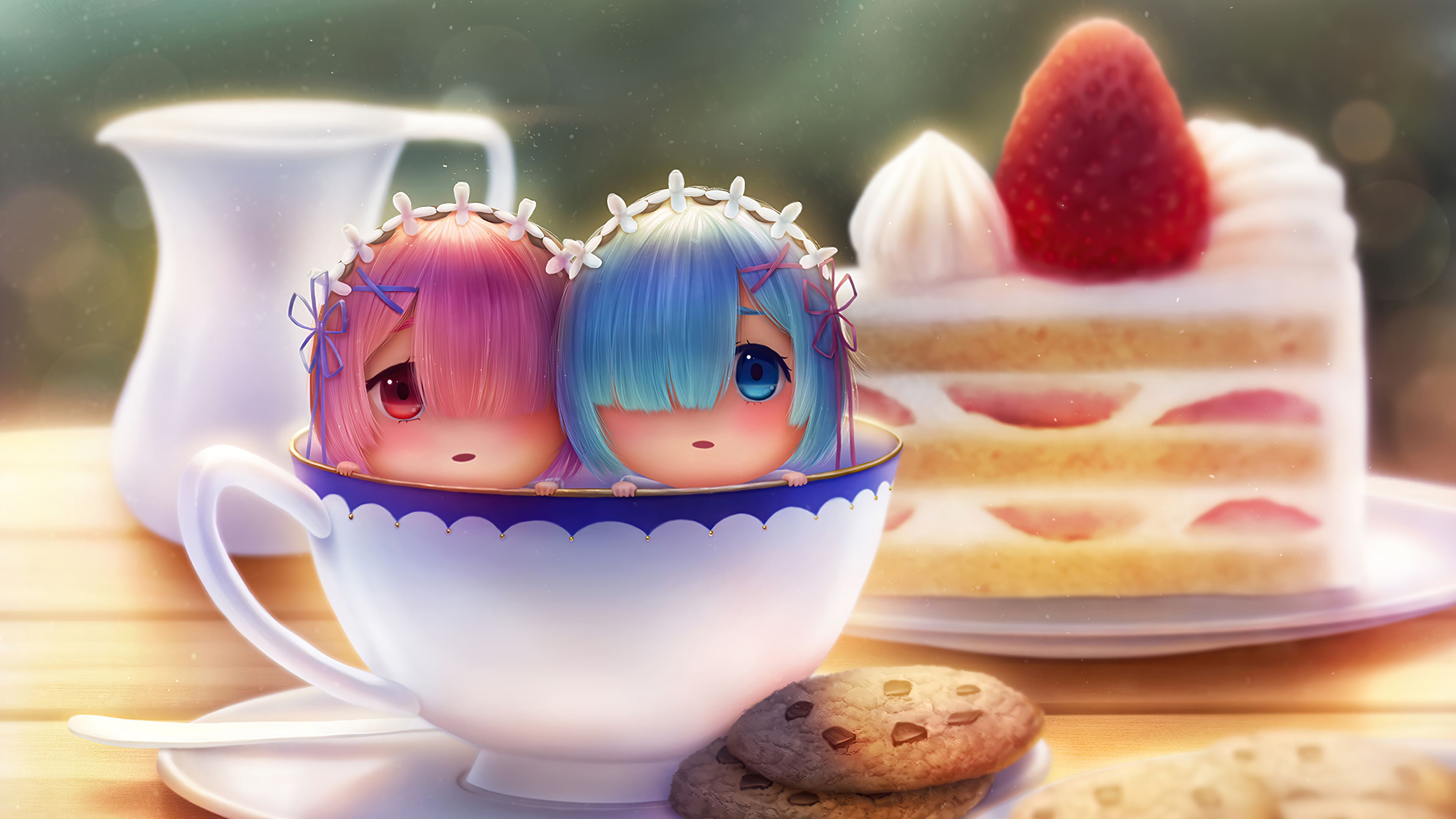 Chibi, Anime, Cake, Girls, Ram, Rem, Re:Zero, 4K wallpaper. Mocah HD Wallpaper