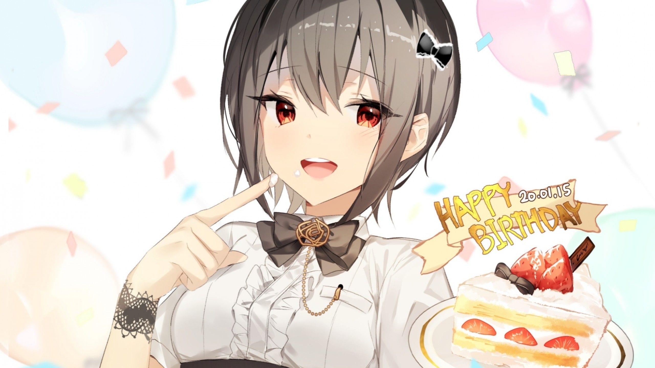 Download 2560x1440 Anime Girl, Happy Birthday Cake, Short Brown Hair Wallpa...