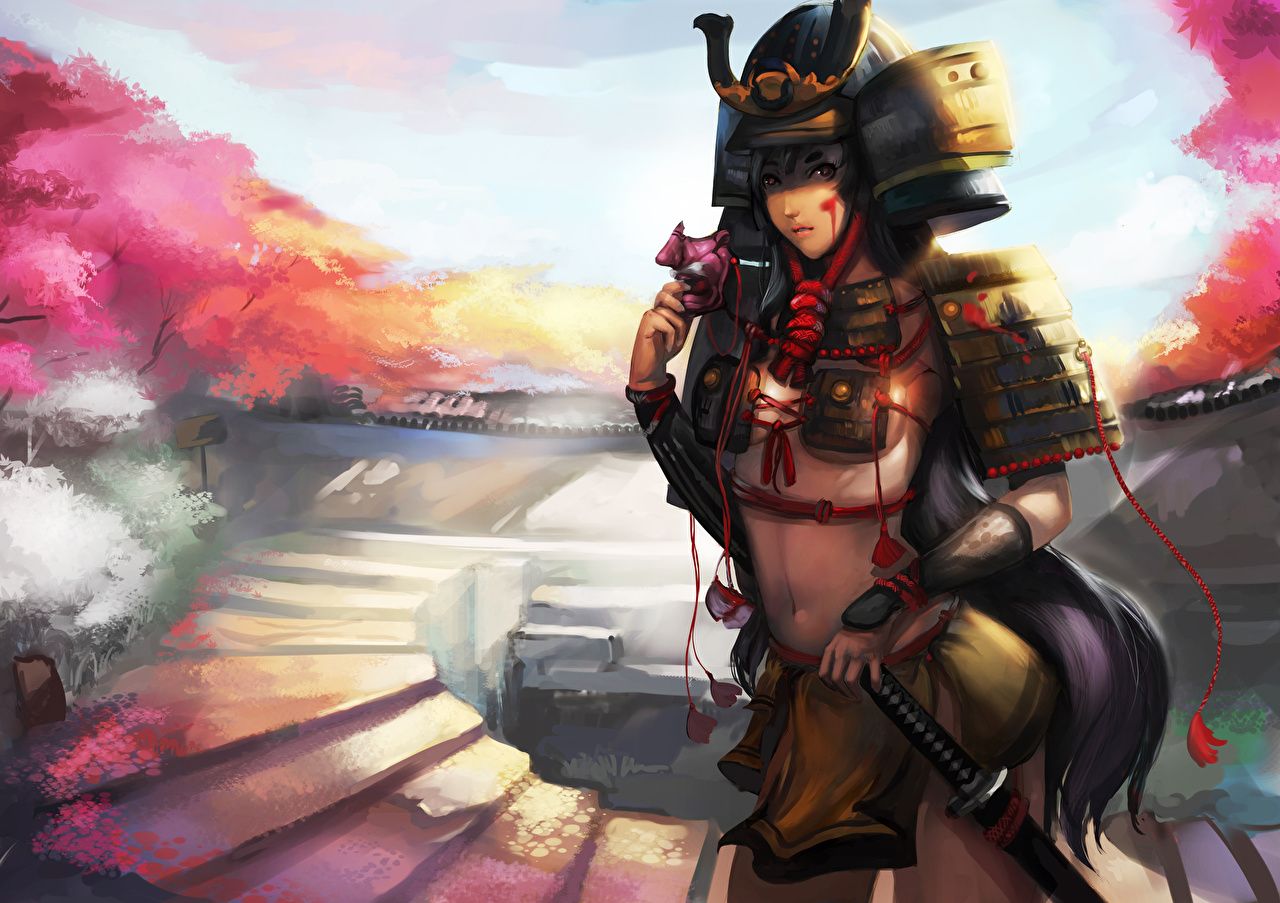 Desktop Wallpaper Armor Samurai Warriors female Fantasy