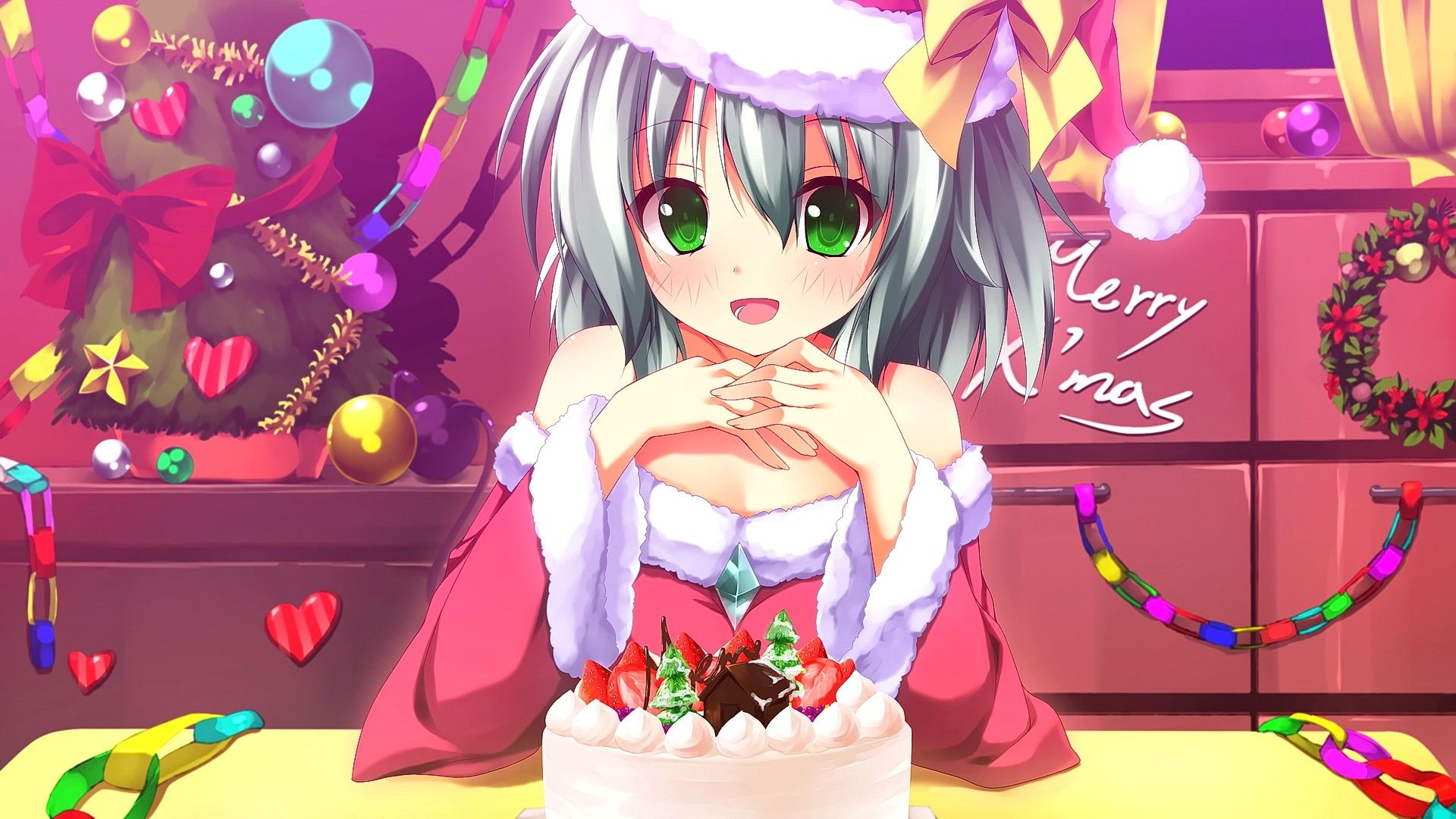 Wallpaper, illustration, anime girls, green eyes, Touhou, cartoon, silver hair, cake, Christmas, Toy, Komeiji Koishi, screenshot, mangaka 1920x1080