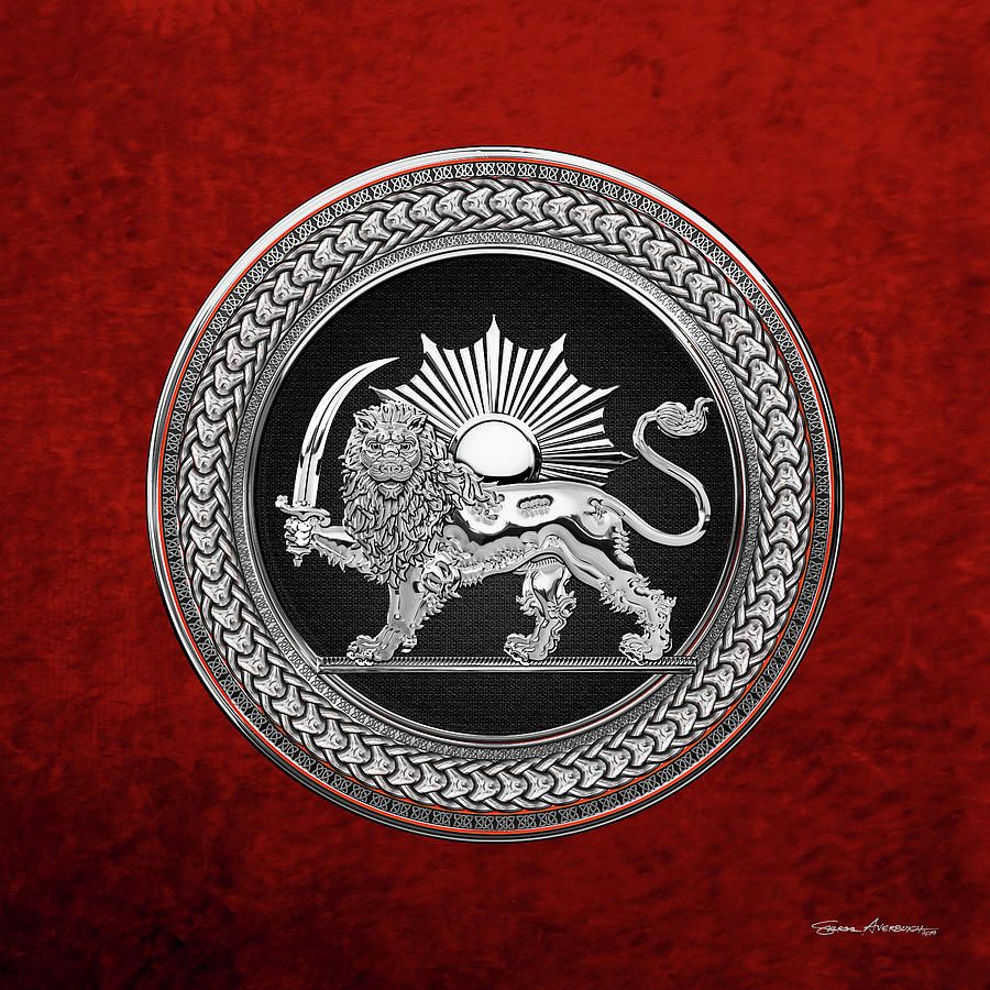 Silver Persian Lion and Sun over Red Velvet Digital Art