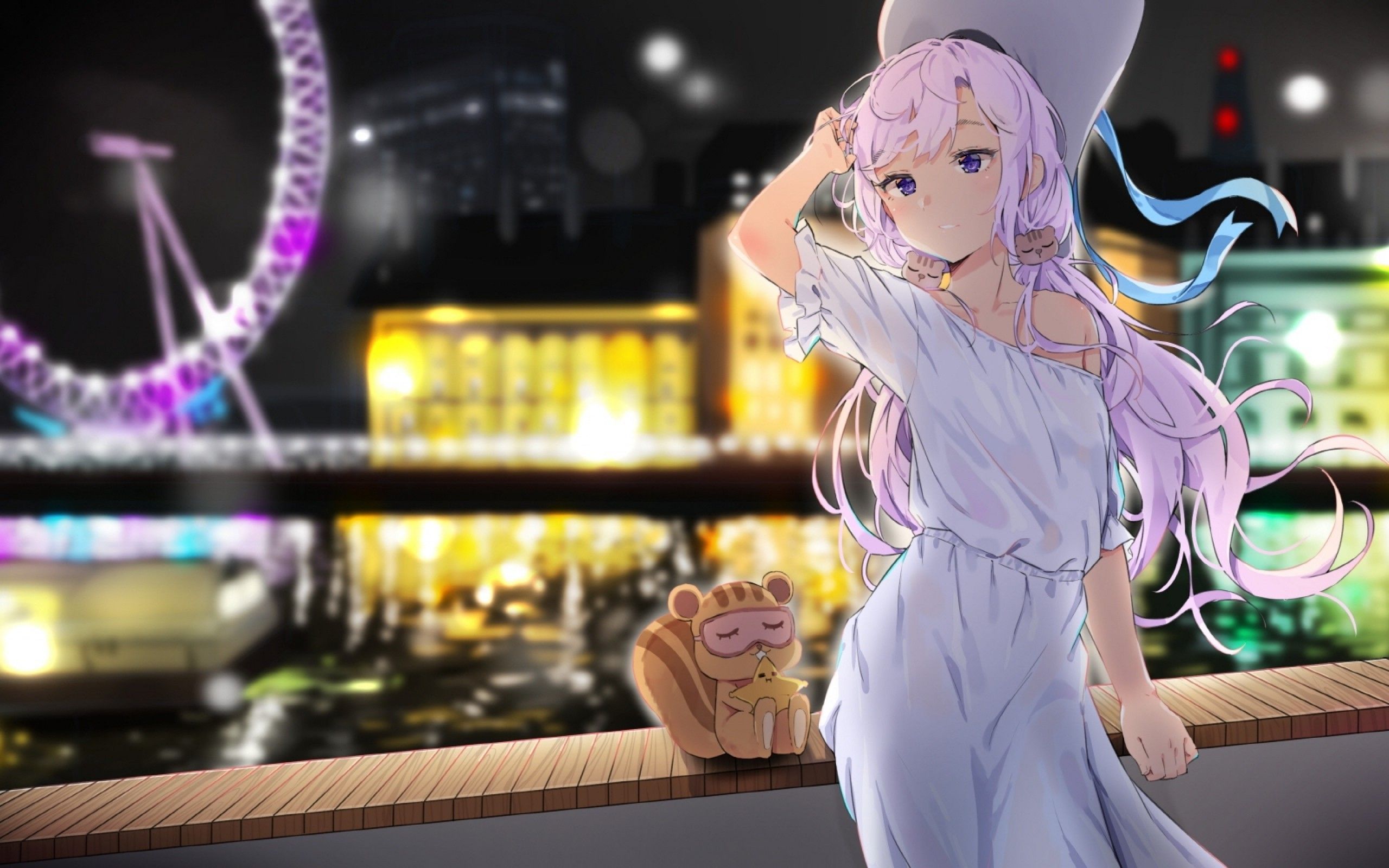 Download 2560x1600 Pretty Anime Girl, White Dress, Ferris Wheel, Cat, Night, Building, Lights, Summer Wallpaper for MacBook Pro 13 inch