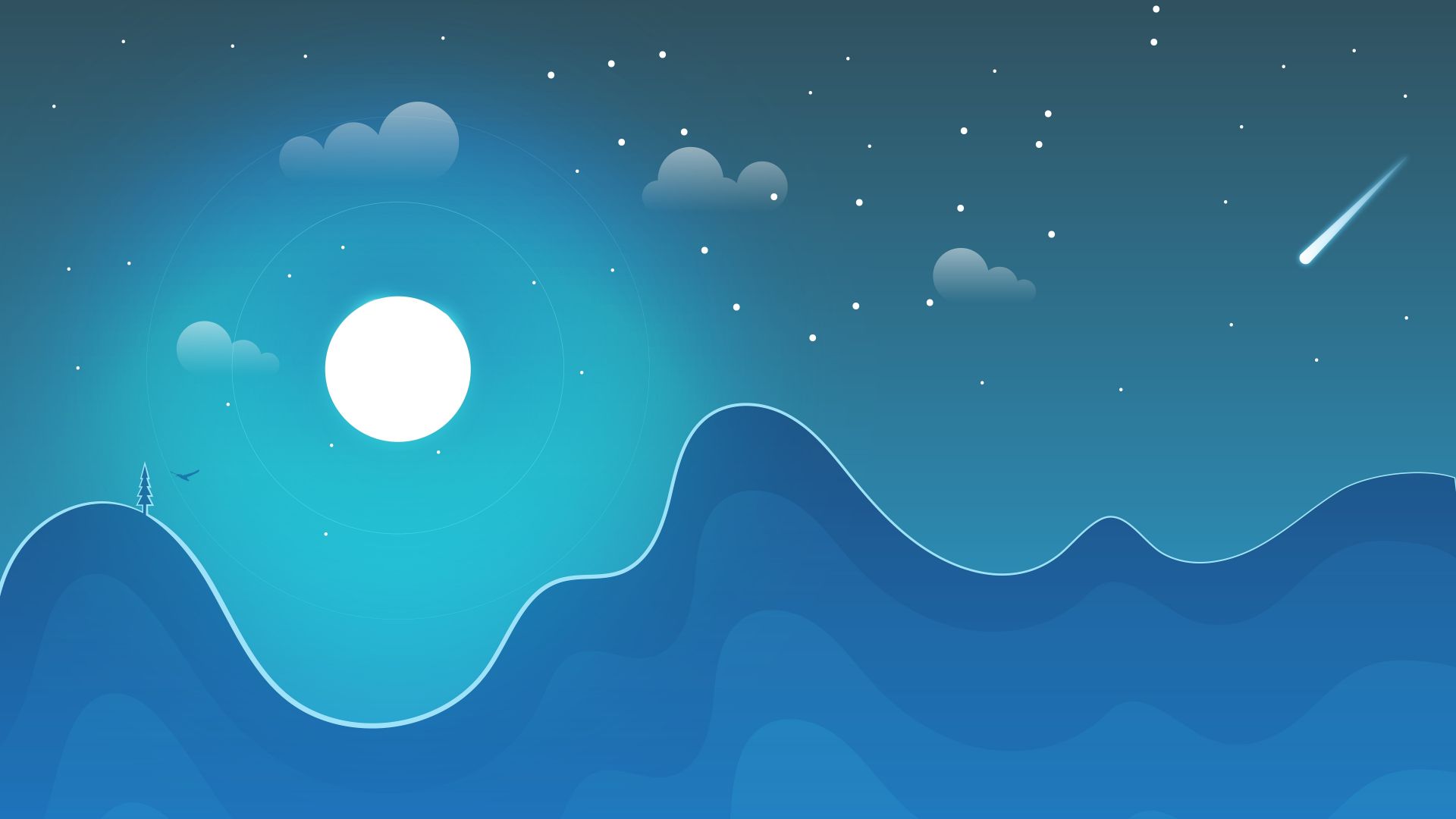 Desktop wallpaper moon, winter, night, stars, blue, landscape, minimal, HD image, picture, background, 071a90