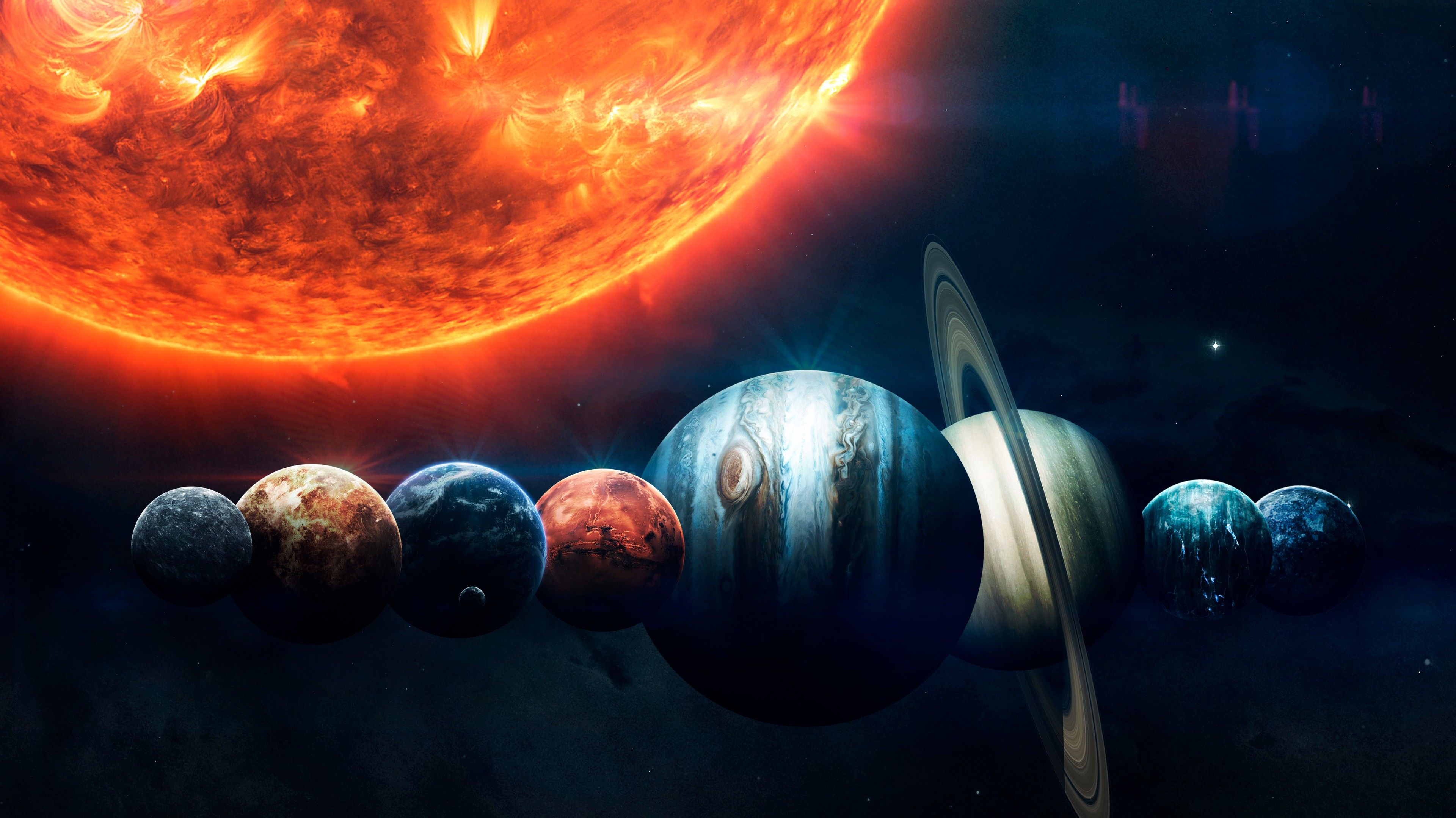 Solar System 4K Wallpaper, Planets, Sun, Orange, Stars, Burning, Earth, Mars, Jupiter, Red planet, Space
