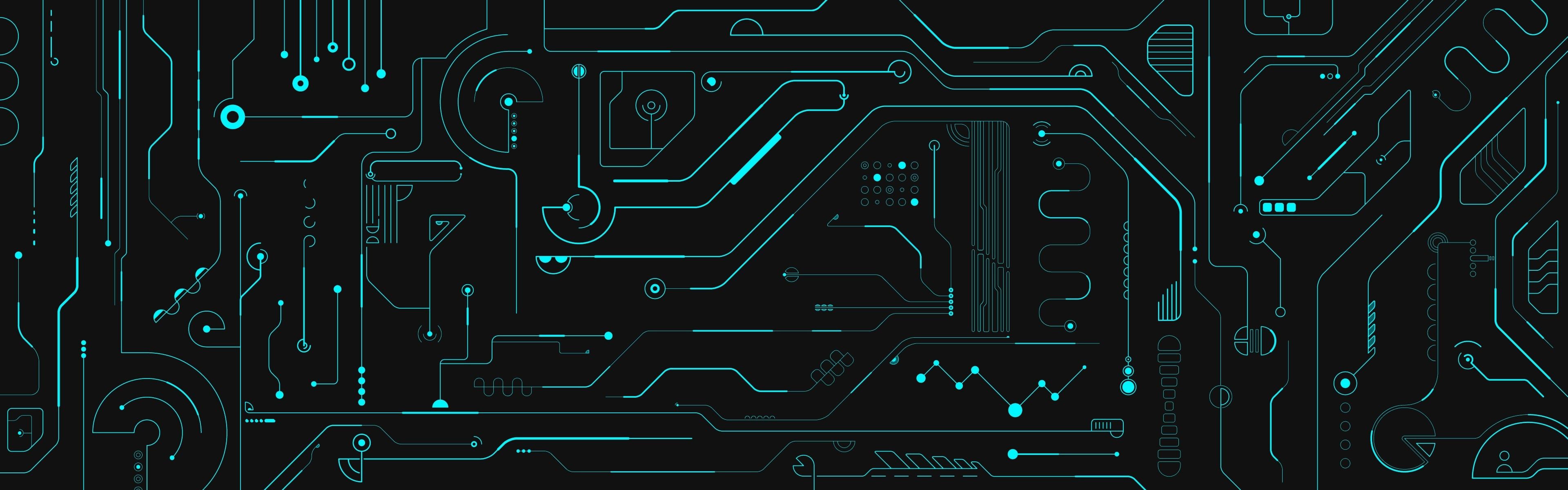 Wallpaper, black, digital art, space, minimalism, green, graphic design, pattern, technology, multiple display, circuits, line, graphics, 3840x1200 px, computer wallpaper, font, electrical network, visual effects 3840x1200
