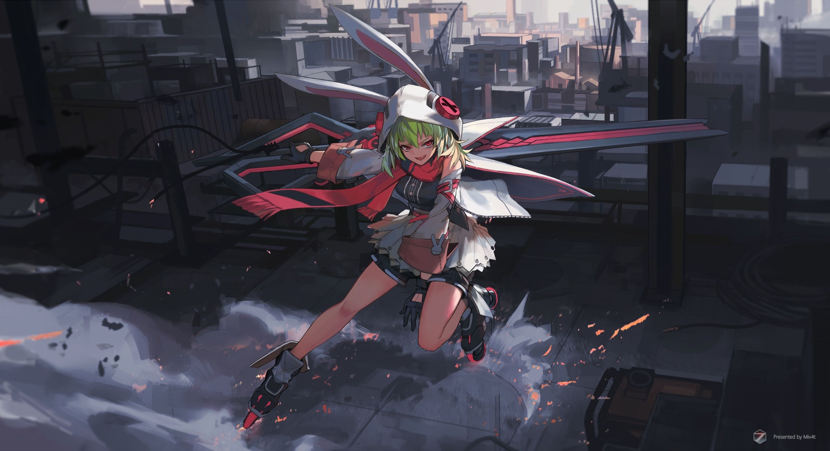 Download 2760x1500 Anime Girl, Fang, Bunny Ears, Mecha, Gloves, Smiling Wallpaper