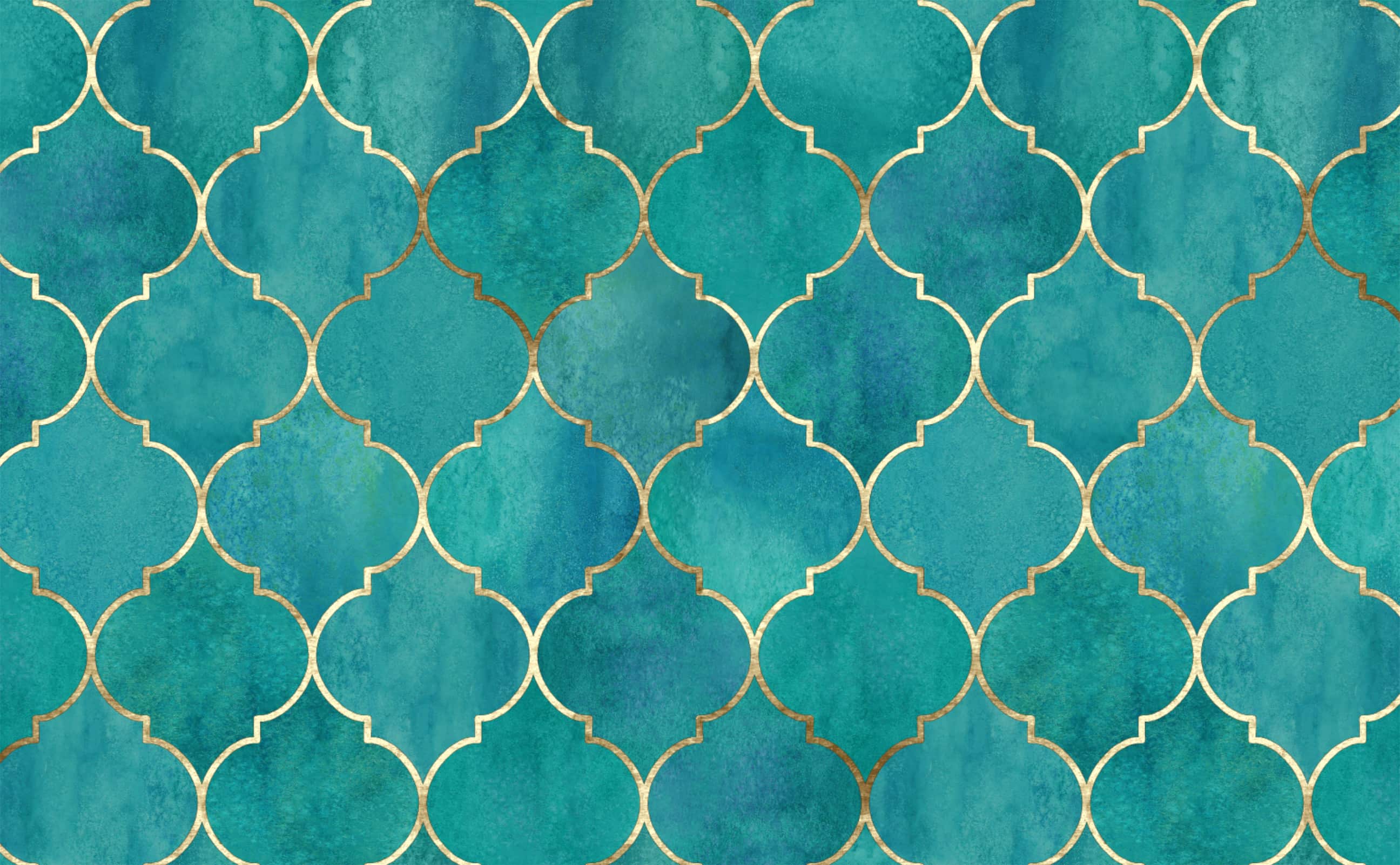 Turquoise Blue Watercolor with Vintage Golden Moroccan Pattern Wallpaper for Walls