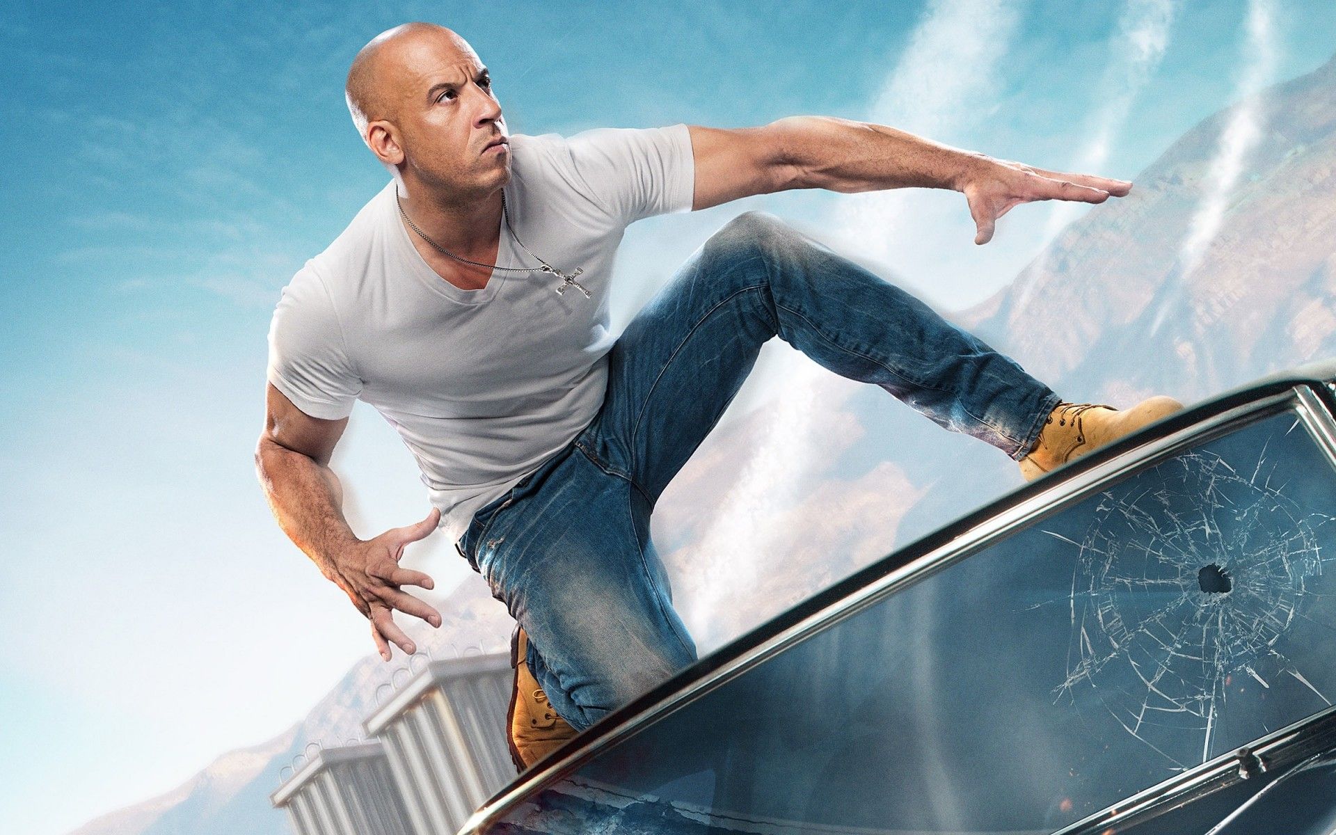 Men Actor Jeans Vin Diesel Fast And Furious T Shirt Bald Head Broken Glass Angry Cabrio Boots Movies Wallpaper:1920x1200