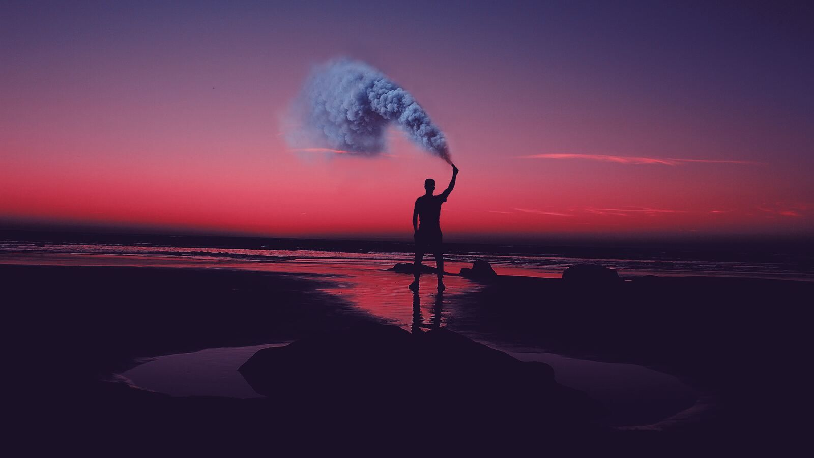 Smoke Bomb Person Dark Beach 5k 1600x900 Resolution HD 4k Wallpaper, Image, Background, Photo and Picture