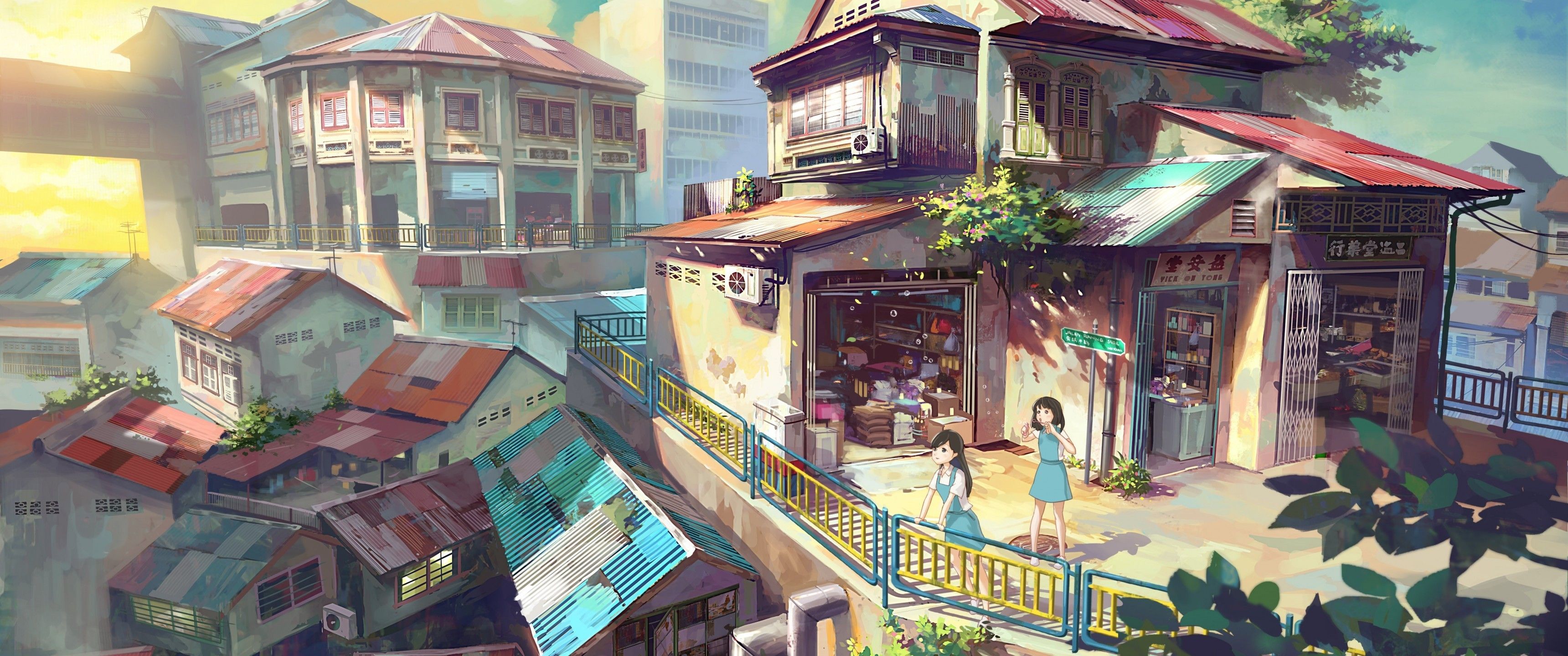 Download 3440x1440 Anime Buildings, Summer, Girls, Clouds, Artwork, Sunset, Scenic Wallpaper