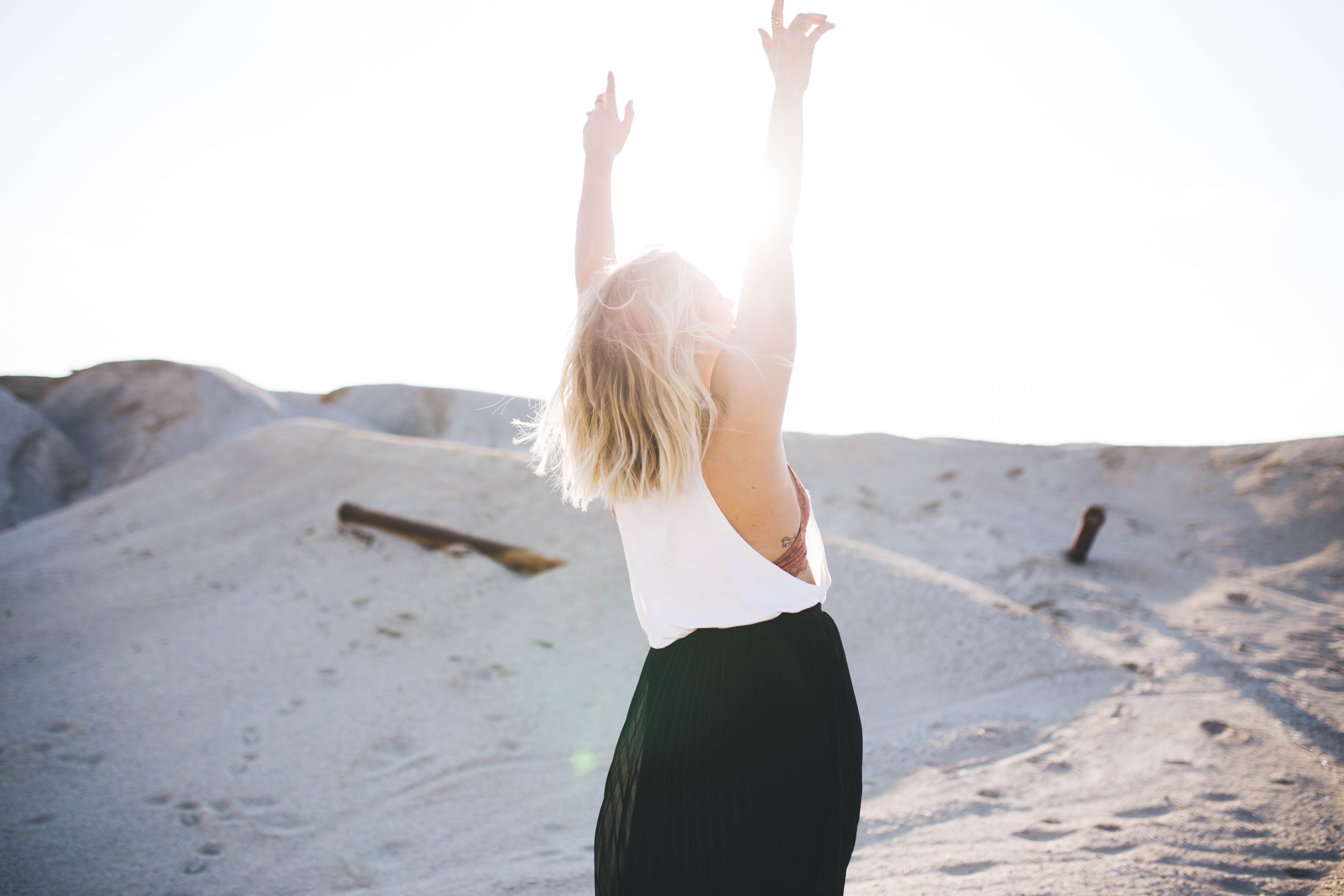 5472x3648 #sunlight, #lady, #female, #glow, #sand, #tracks, #reach, #summer background, #happy, #summer wallpaper, #beach, #blonde, #Free image, #clothing, #wallpaper, #praise, #woman, #arms up, #blessed, #hands up, #flare. Mocah HD Wallpaper