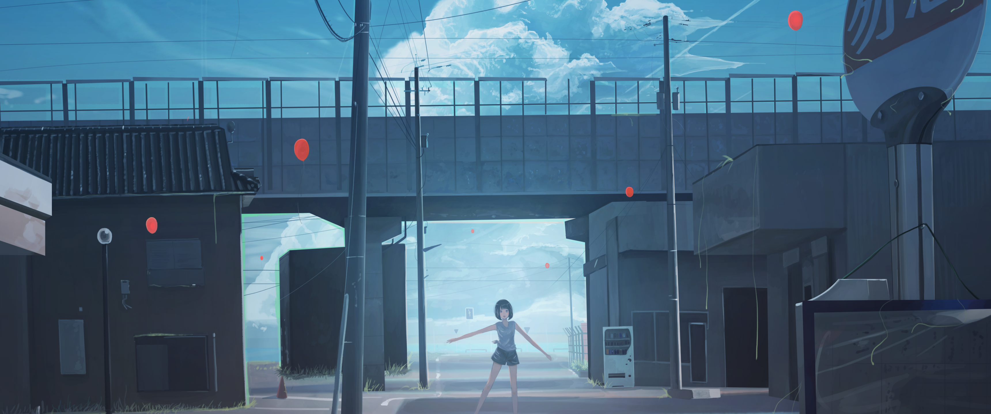 Download 3440x1440 Anime Girl, Summer, Bridge, Streets, Clouds, Scenic Wallpaper