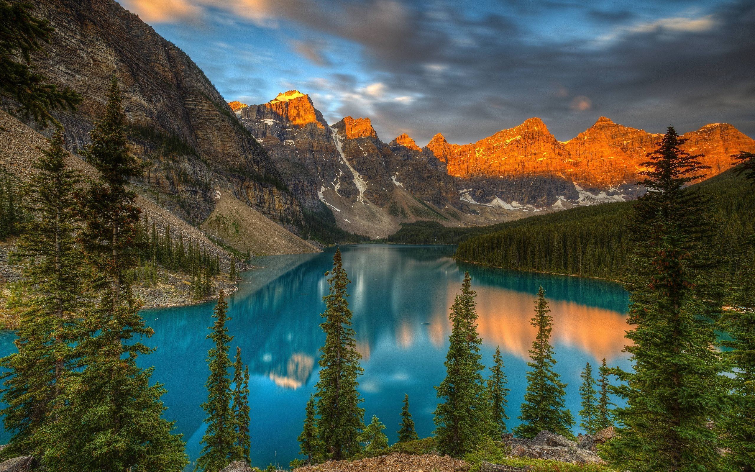 Download wallpaper sunset, mountains, canada, moraine lake, summer, lake moraine for desktop with resolution 2560x1600. High Quality HD picture wallpaper