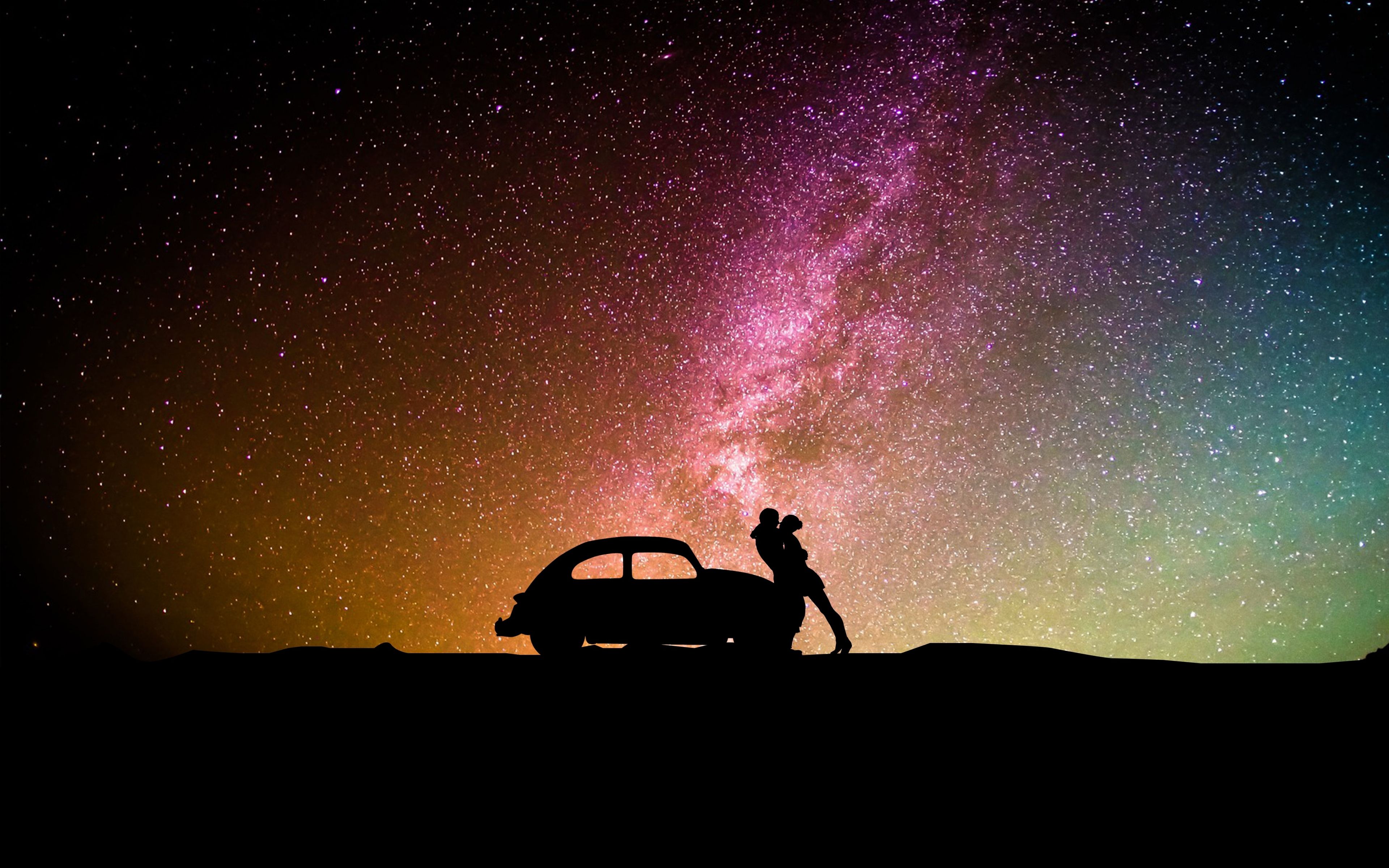 Download 3840x2400 wallpaper silhouettes, couple, car, milky way, hug, 4k, ultra HD 16: widescreen, 3840x2400 HD image, background, 8104