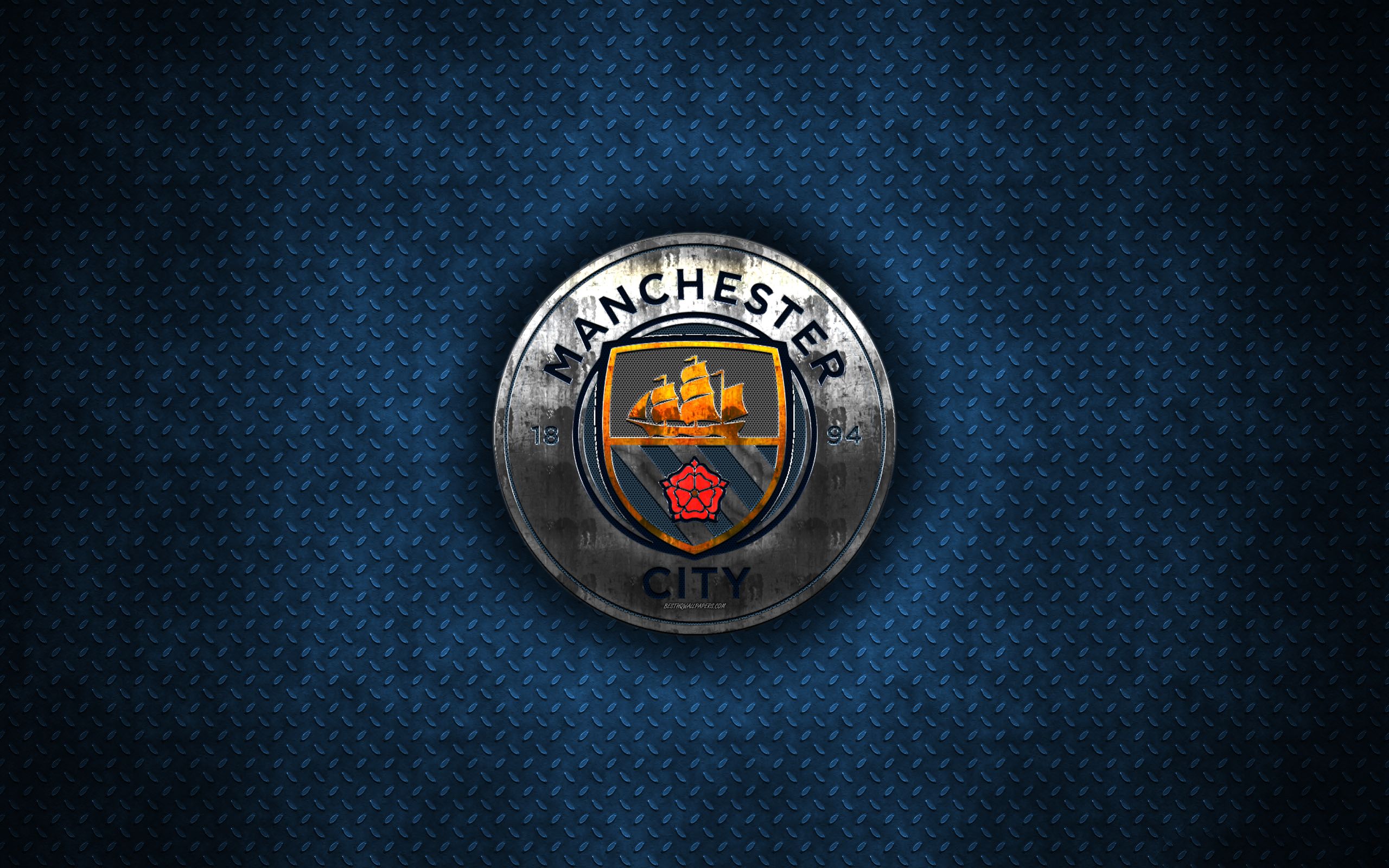 Download wallpaper Manchester City FC, 4k, metal logo, creative art, English football club, Premier League, emblem, blue metal background, Manchester, England, football for desktop with resolution 2560x1600. High Quality HD picture wallpaper