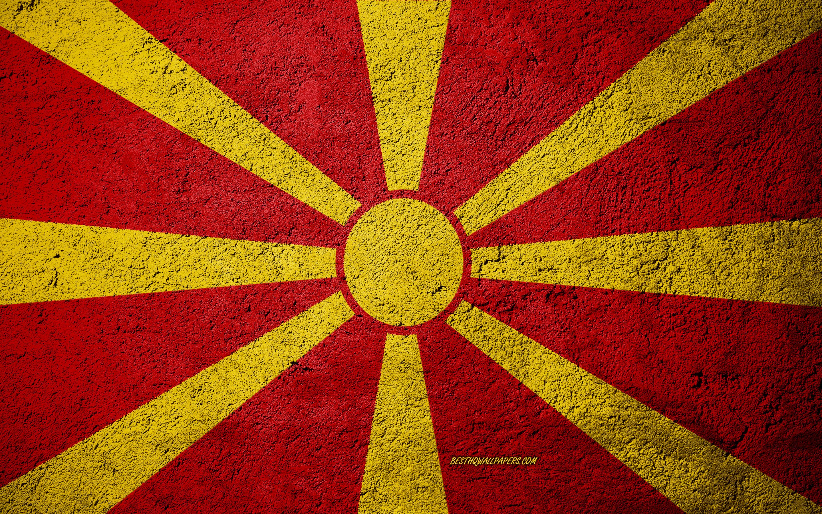 Download wallpaper Flag of North Macedonia, concrete texture, stone background, North Macedonia flag, Europe, North Macedonia, flags on stone for desktop with resolution 2880x1800. High Quality HD picture wallpaper