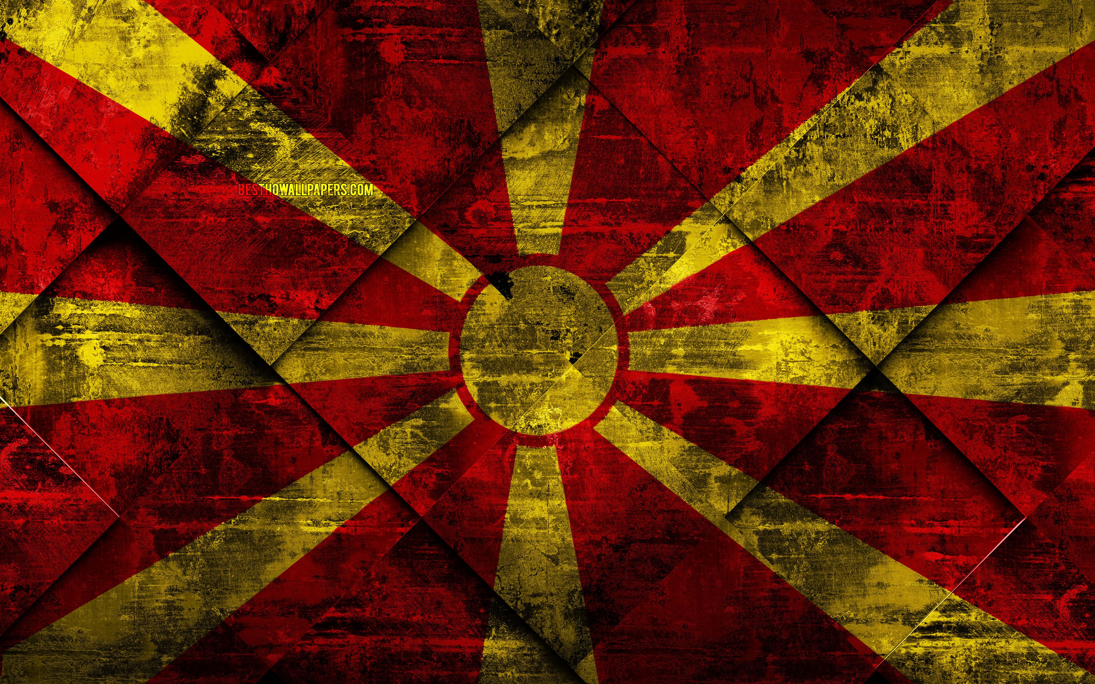 Download wallpaper Flag of North Macedonia, 4k, grunge art, rhombus grunge texture, North Macedonia flag, Europe, national symbols, North Macedonia, creative art for desktop with resolution 3840x2400. High Quality HD picture wallpaper