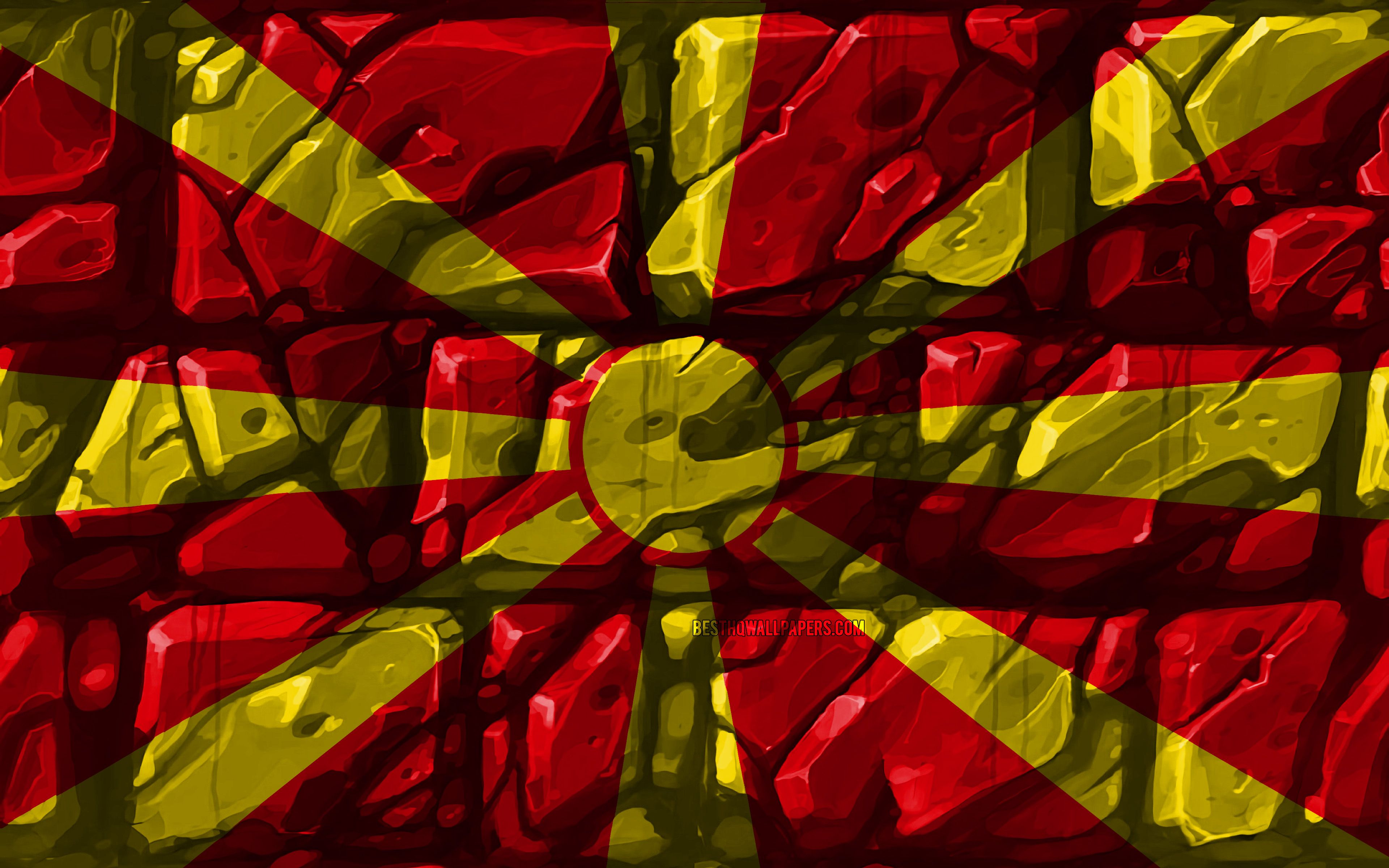 Download wallpaper Macedonian flag, brickwall, 4k, European countries, national symbols, Flag of North Macedonia, creative, North Macedonia, Europe, North Macedonia 3D flag for desktop with resolution 3840x2400. High Quality HD picture wallpaper