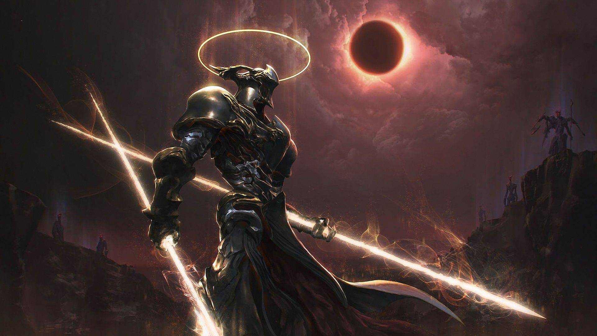 Wallpaper, 1920x1080 px, angel, apocalyptic, artwork, cyborg, demon, digital art, fantasy art, Knights, Peter Zhou, solar eclipse, warflame, warrior 1920x1080