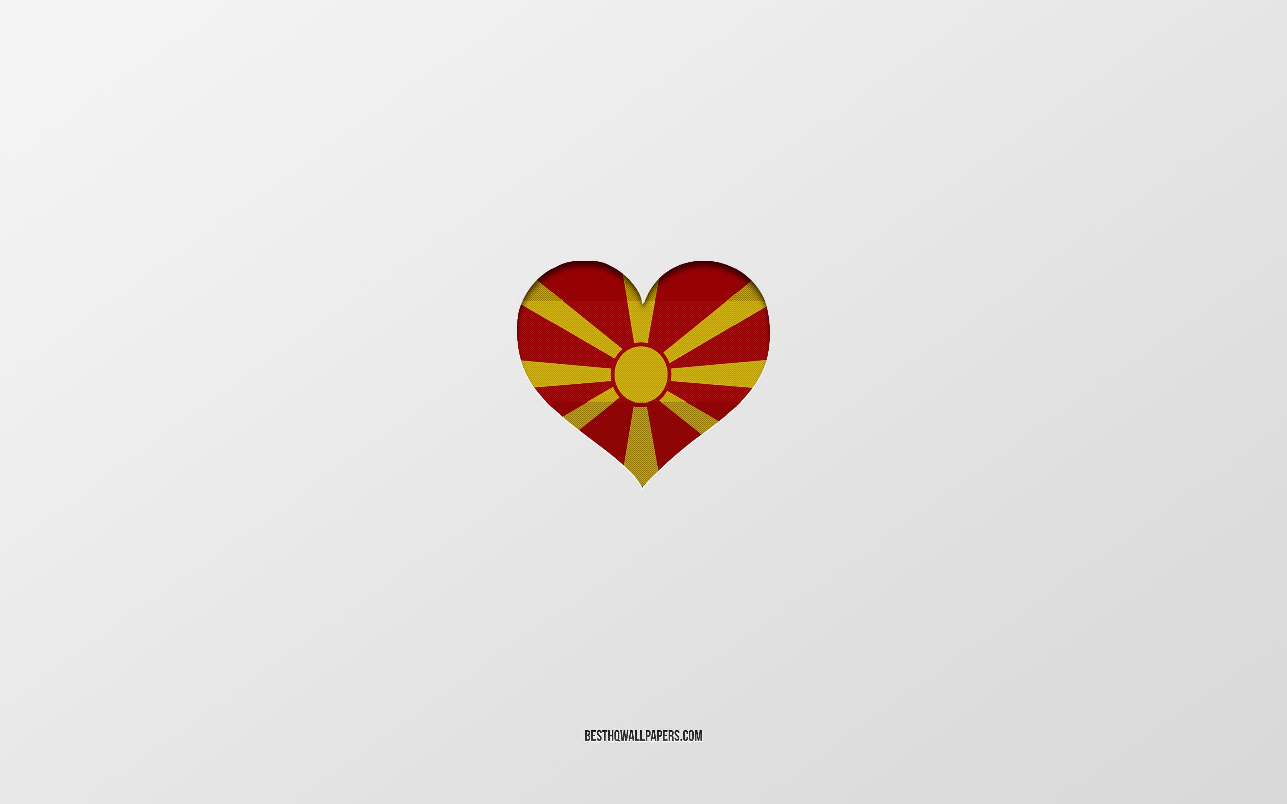 Download wallpaper I Love North Macedonia, European countries, North Macedonia, gray background, North Macedonia flag heart, favorite country, Love North Macedonia for desktop with resolution 2560x1600. High Quality HD picture wallpaper