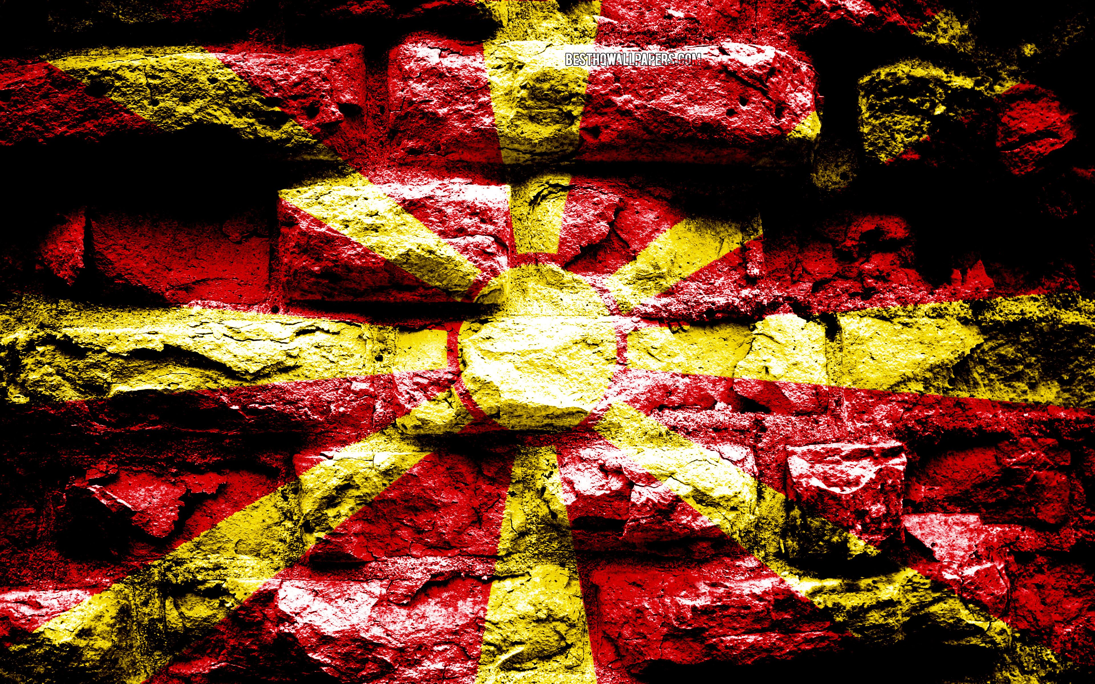 Download wallpaper North Macedonia flag, grunge brick texture, Flag of North Macedonia, flag on brick wall, North Macedonia, Europe, flags of european countries for desktop with resolution 3840x2400. High Quality HD picture