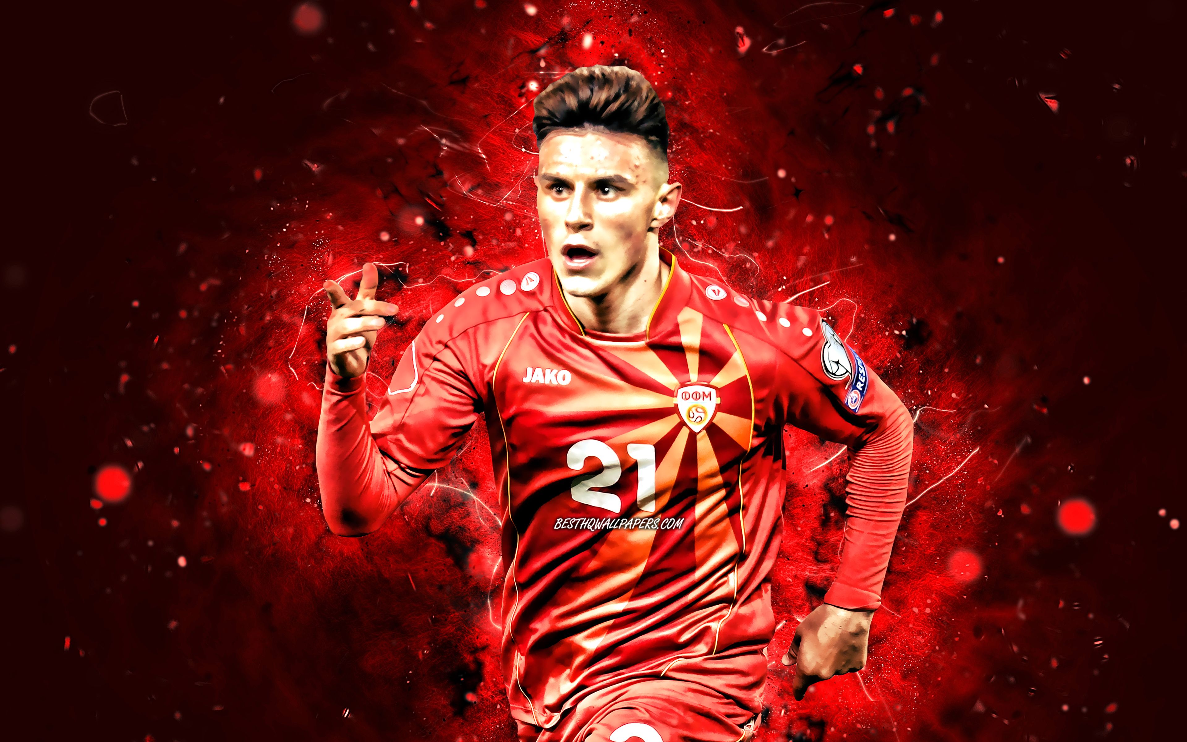 Download wallpaper Elif Elmas, 4k, North Macedonia National Team, soccer, footballers, red neon lights, Macedonian football team, Elif Elmas 4K for desktop with resolution 3840x2400. High Quality HD picture wallpaper