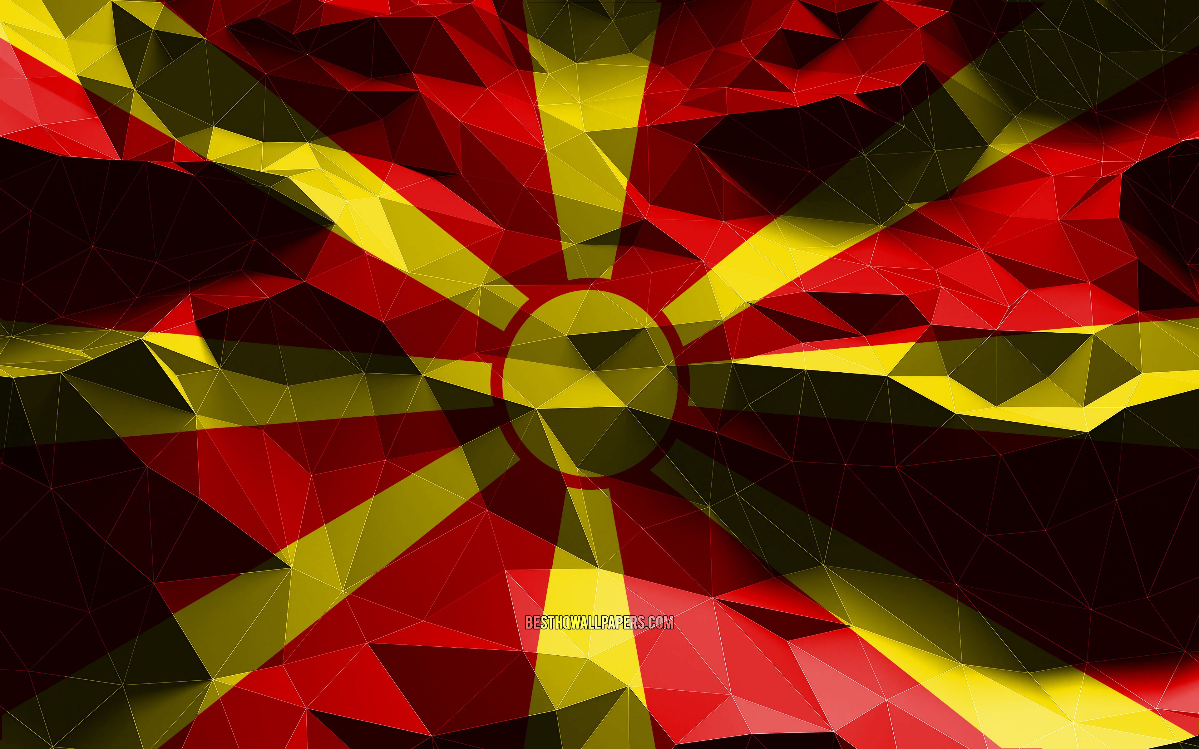Download wallpaper 4k, Macedonian flag, low poly art, European countries, national symbols, Flag of North Macedonia, 3D flags, North Macedonia flag, North Macedonia, Europe, North Macedonia 3D flag for desktop with resolution
