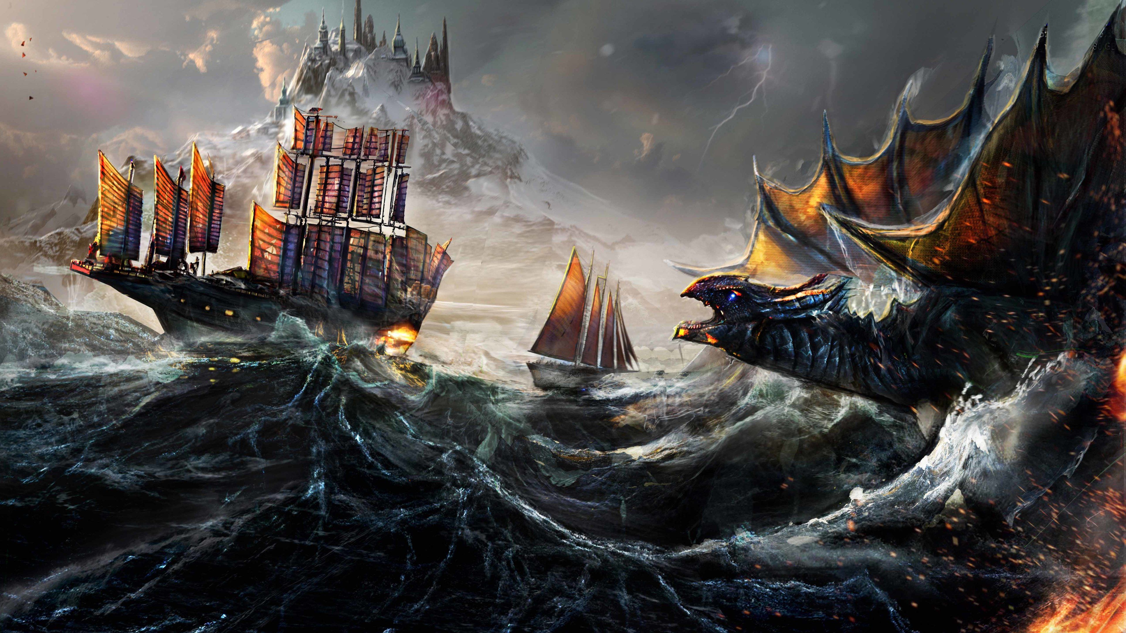 Wallpaper 4k Dragon Fight Ocean Ship Painting 4k 4k Wallpaper, 5k Wallpaper, Artist Wallpaper, Artwork Wallpaper, Wallpaper, Digital Art Wallpaper, Dragon Wallpaper, Hd Wallpaper, Ocean Wallpaper, Painting Wallpaper, Ship Wallpaper