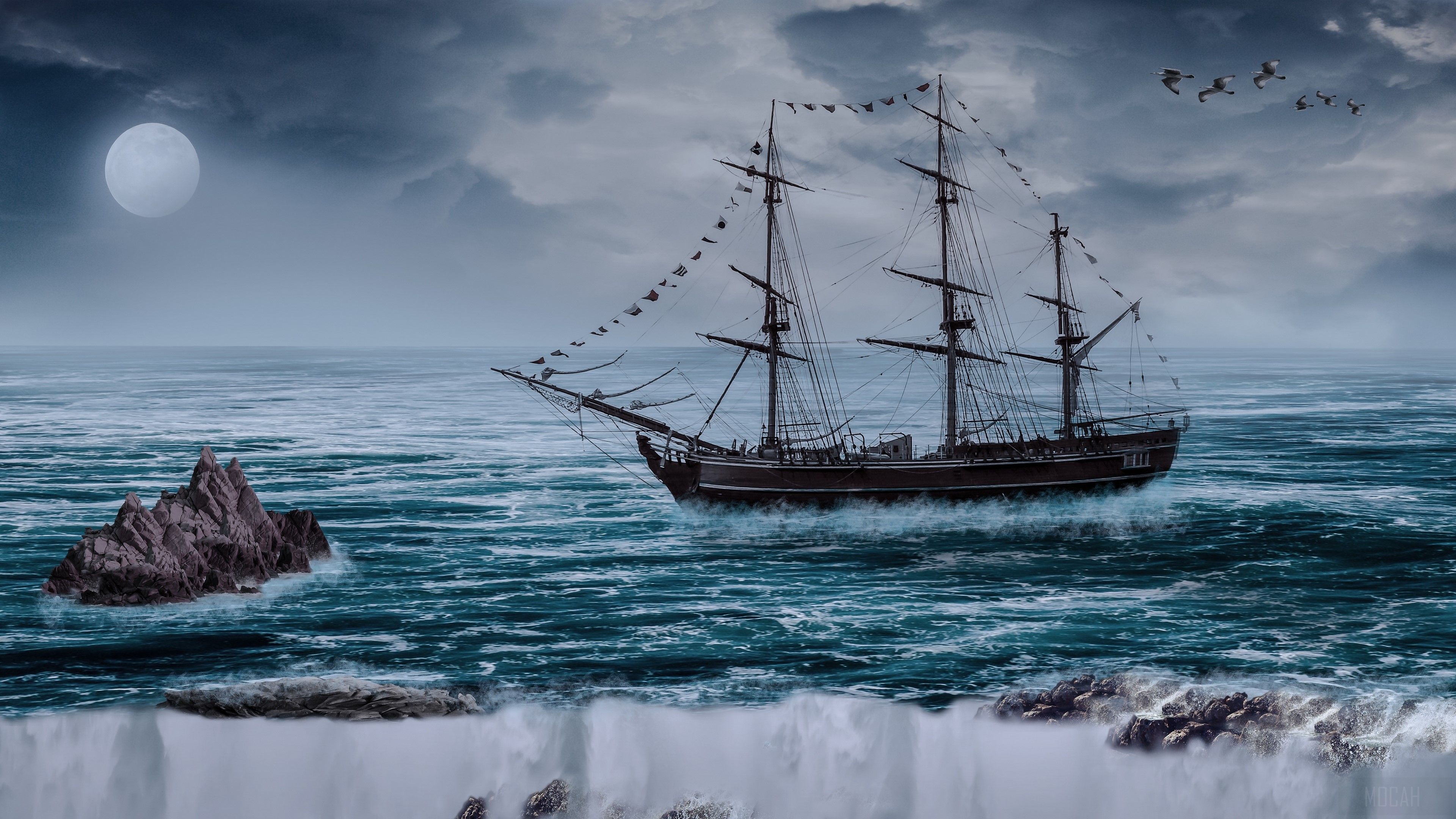sailboat, ship, sea, cliff, waves, photohop 4k wallpaper. Mocah HD Wallpaper