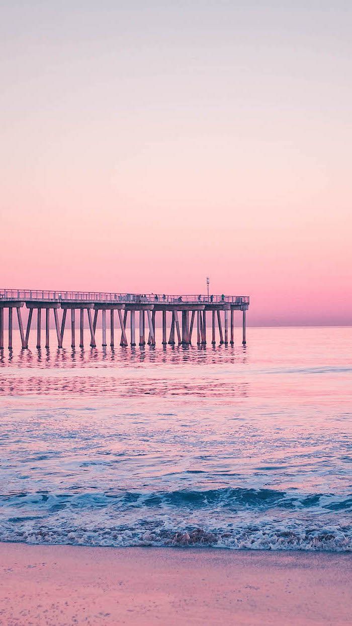 Sunset Over The Pier Ocean Waves Cute Quote Wallpaper Purple Pink Sky. Gold Wallpaper Iphone, Cute Summer Wallpaper, IPhone Wallpaper