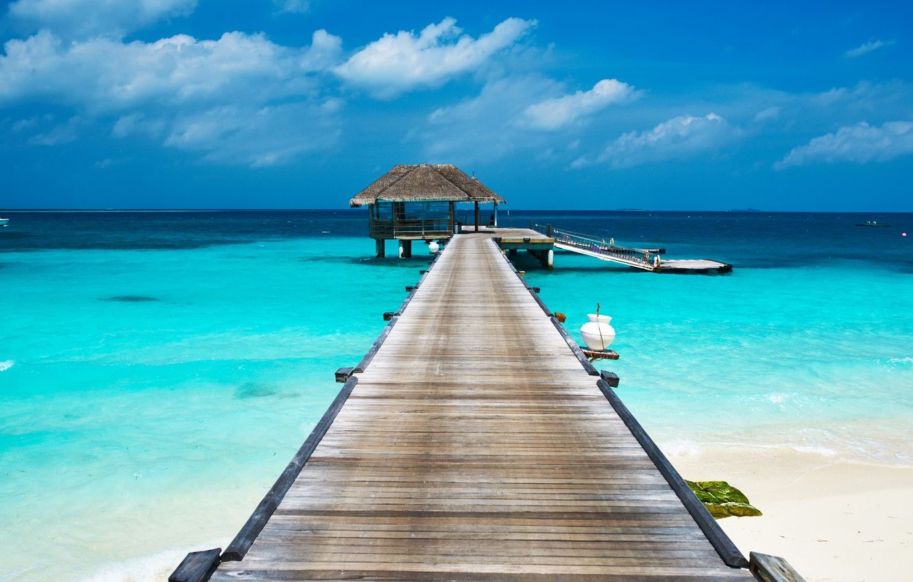 Wallpaper sea, beach, tropics, palm trees, pierce, summer, hut, beach, sea, ocean, paradise, pier, vacation, palms, tropical, hut image for desktop, section природа