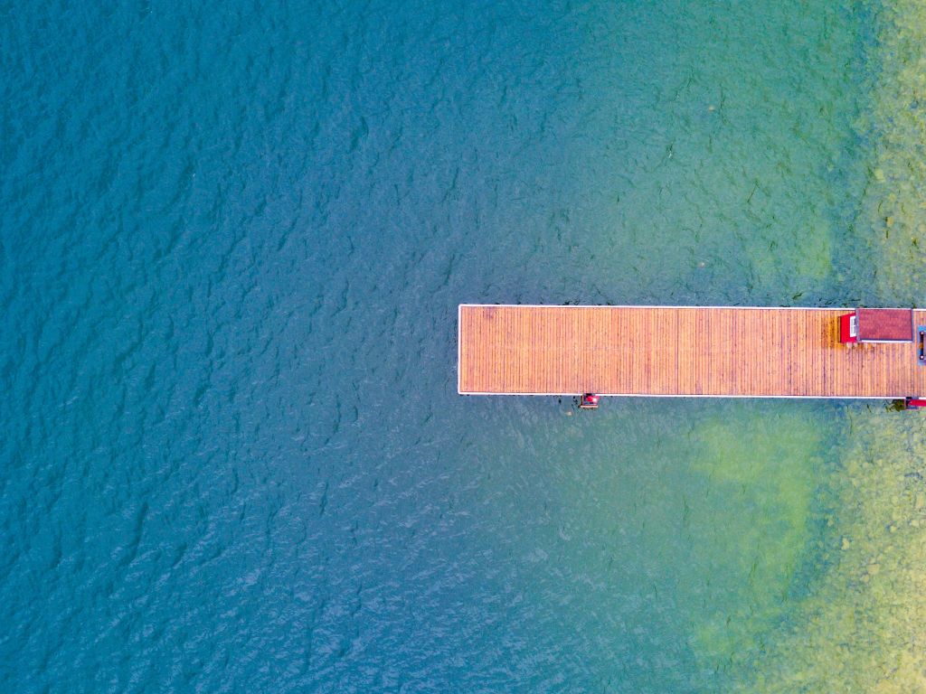 Desktop wallpaper pier, summer, vacation, holiday, aerial view, lake, HD image, picture, background, 5b7f11
