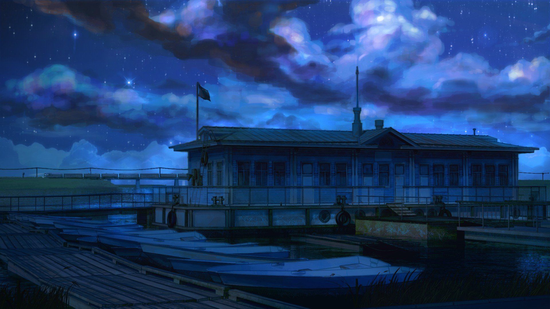 ArseniXC, Everlasting Summer, Boat, Clouds, Night, Flag, Pier Wallpaper HD / Desktop and Mobile Background