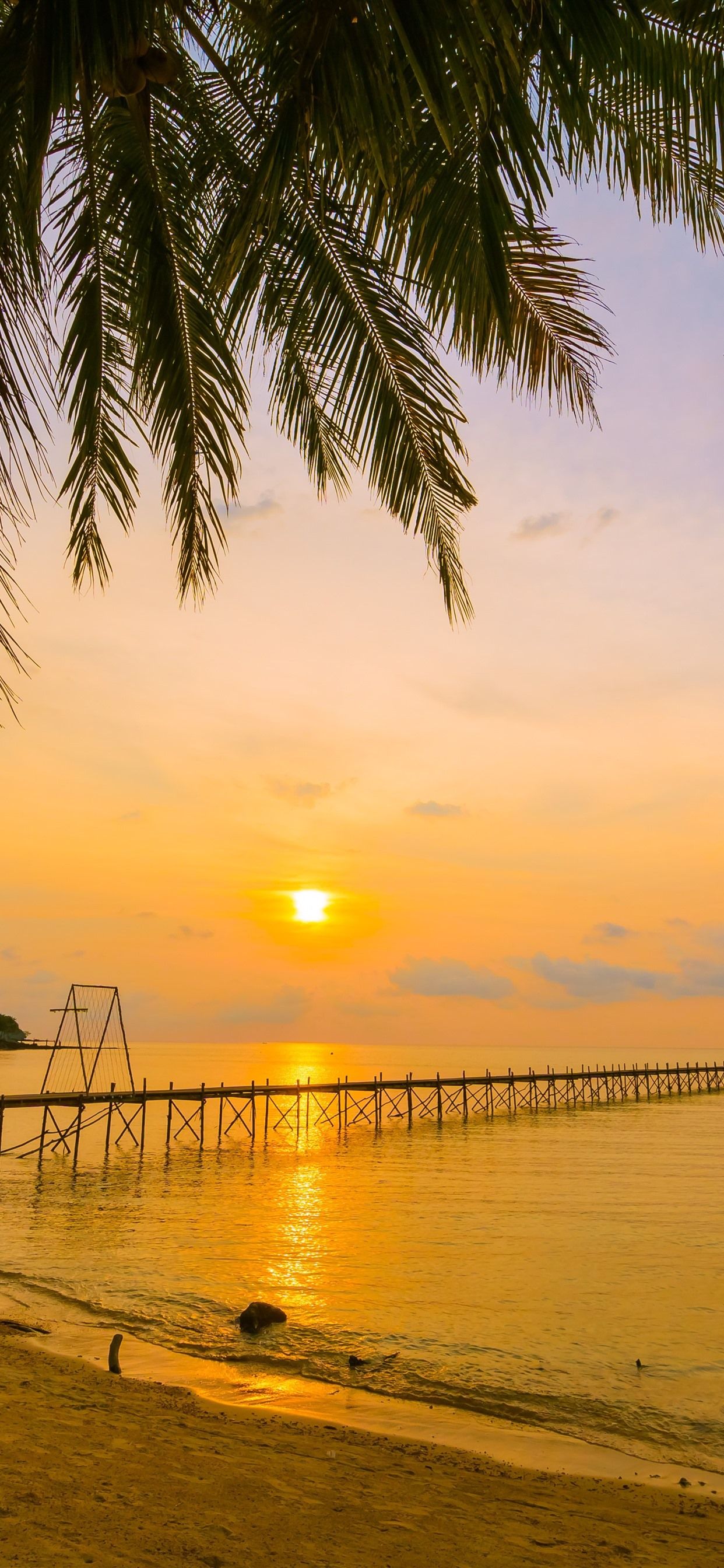 Wallpaper Tropical, summer, beach, sea, palm trees, pier, sunset 5120x2880 UHD 5K Picture, Image