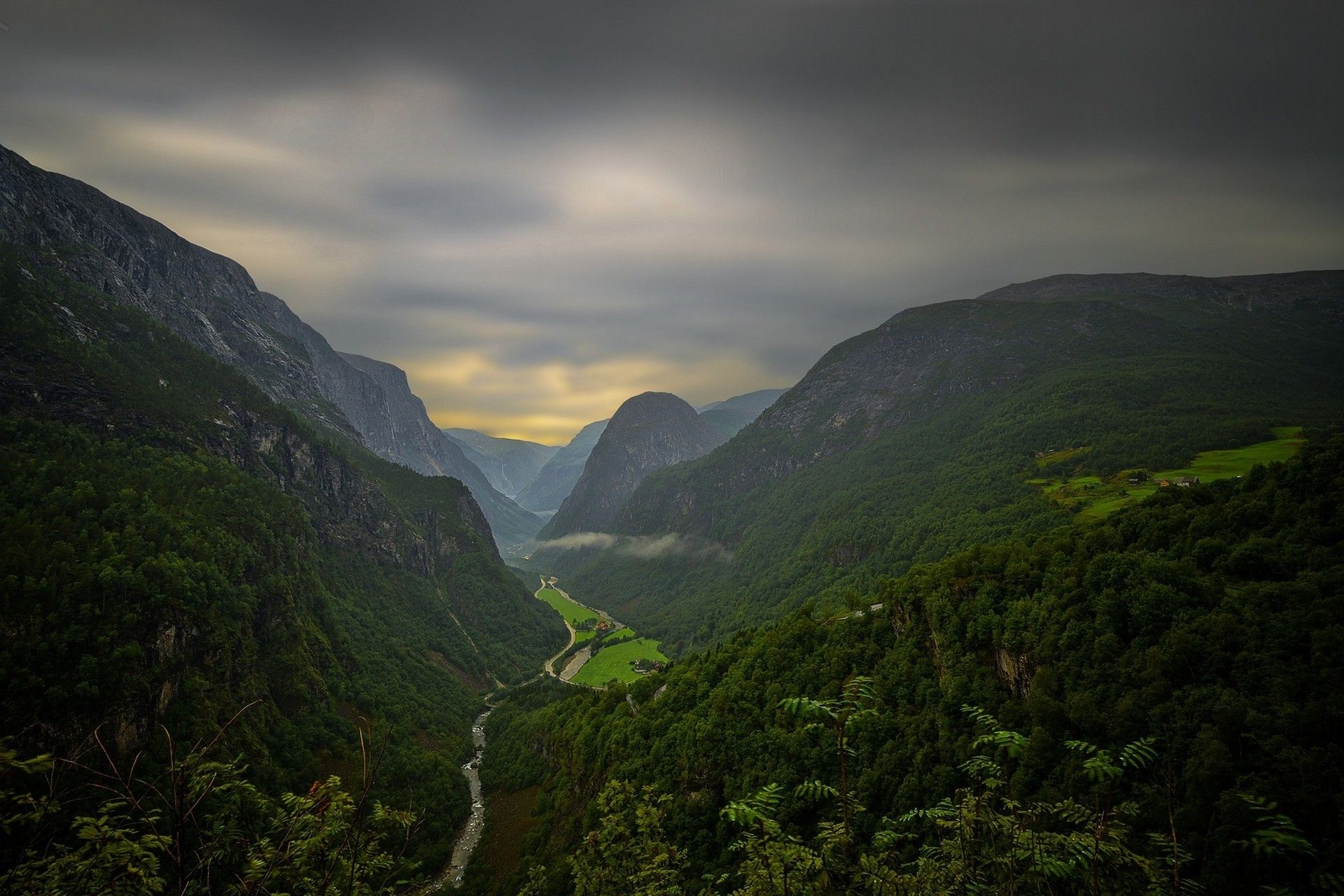 Wallpaper, 1920x1280 px, canyon, clouds, forest, house, landscape, mountains, nature, Norway, photography, river, road, summer, valley 1920x1280