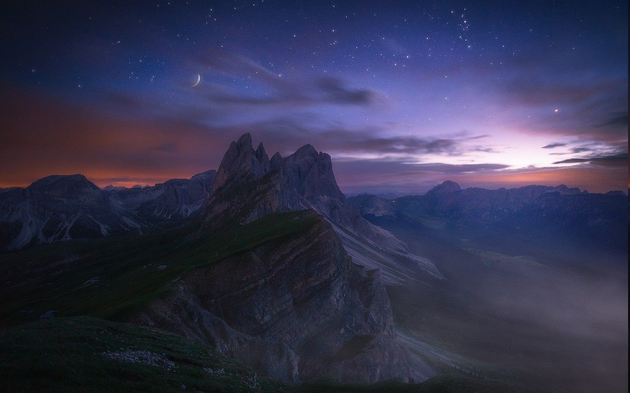 nature landscape starry night long exposure mountain dolomites mountains italy evening clouds summer valley wallpaper