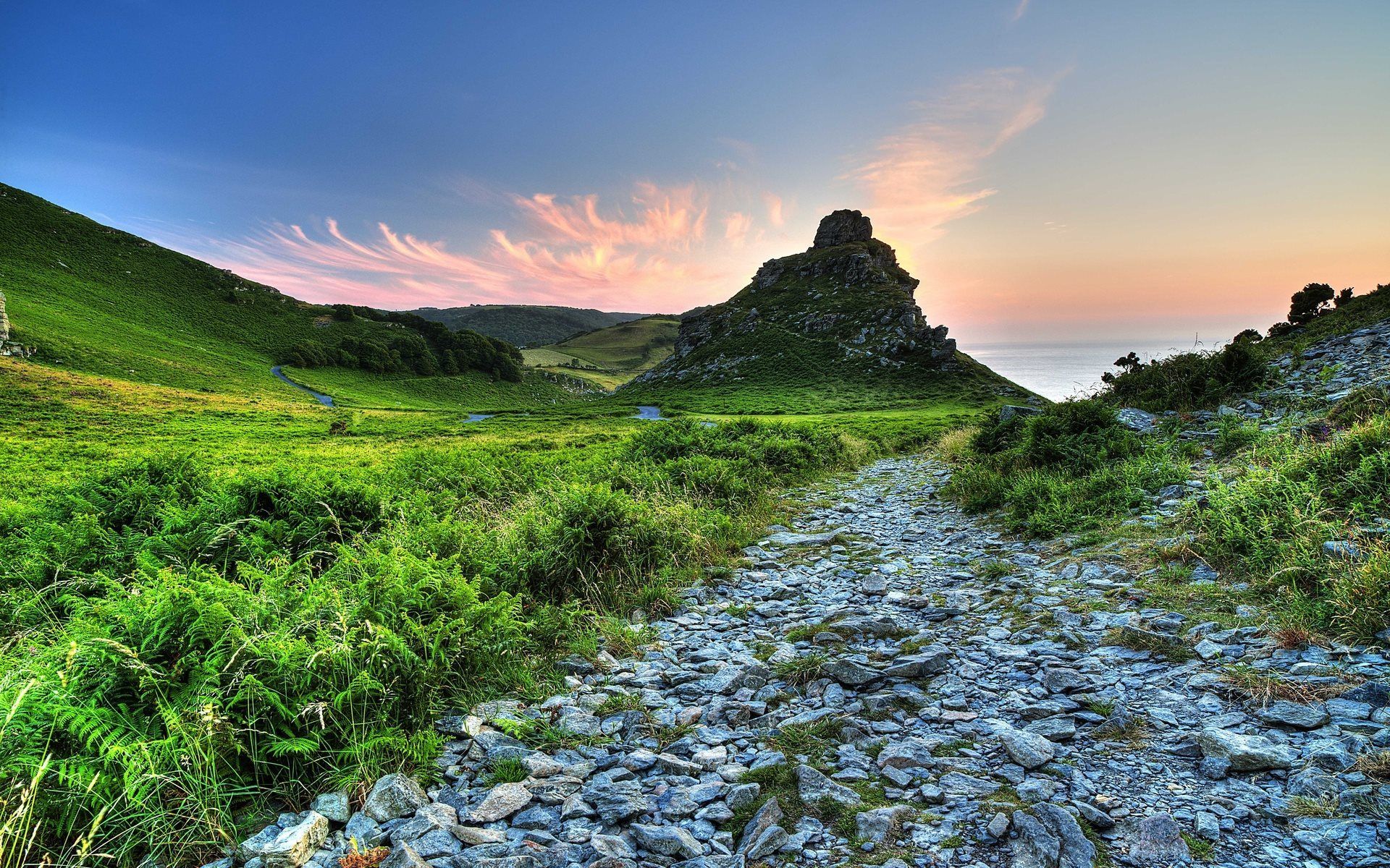Download wallpaper greens, the sky, summer, valley of the rocks, exmoor, sunset, uk, hills, summer landscape for desktop with resolution 1920x1200. High Quality HD picture wallpaper