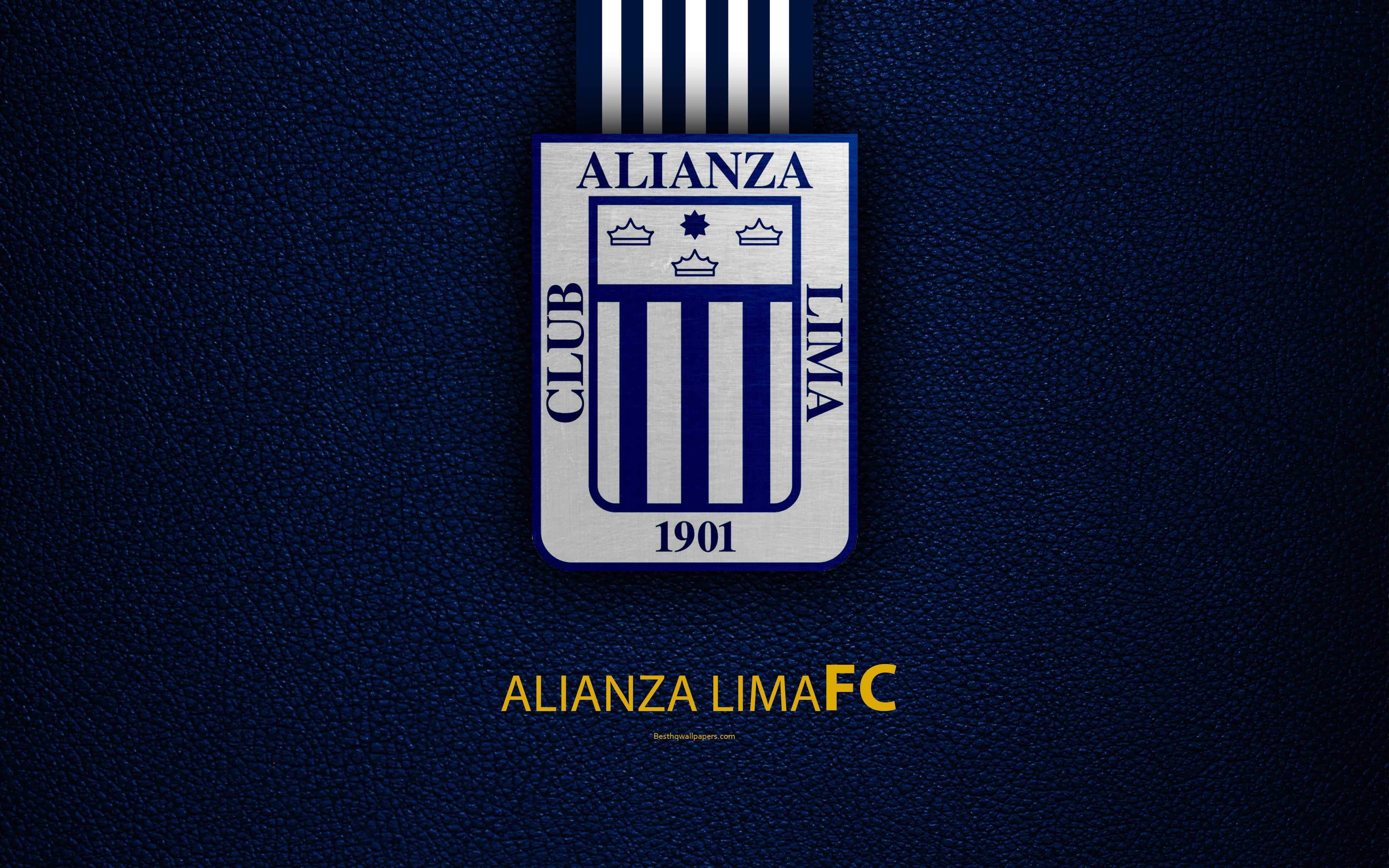 Download wallpaper Club Alianza Lima, 4k, logo, leather texture, Peruvian football club, emblem, blue white lines, Peruvian Primera Division, Lima, Peru, football, Alianza FC for desktop with resolution 3840x2400. High Quality HD