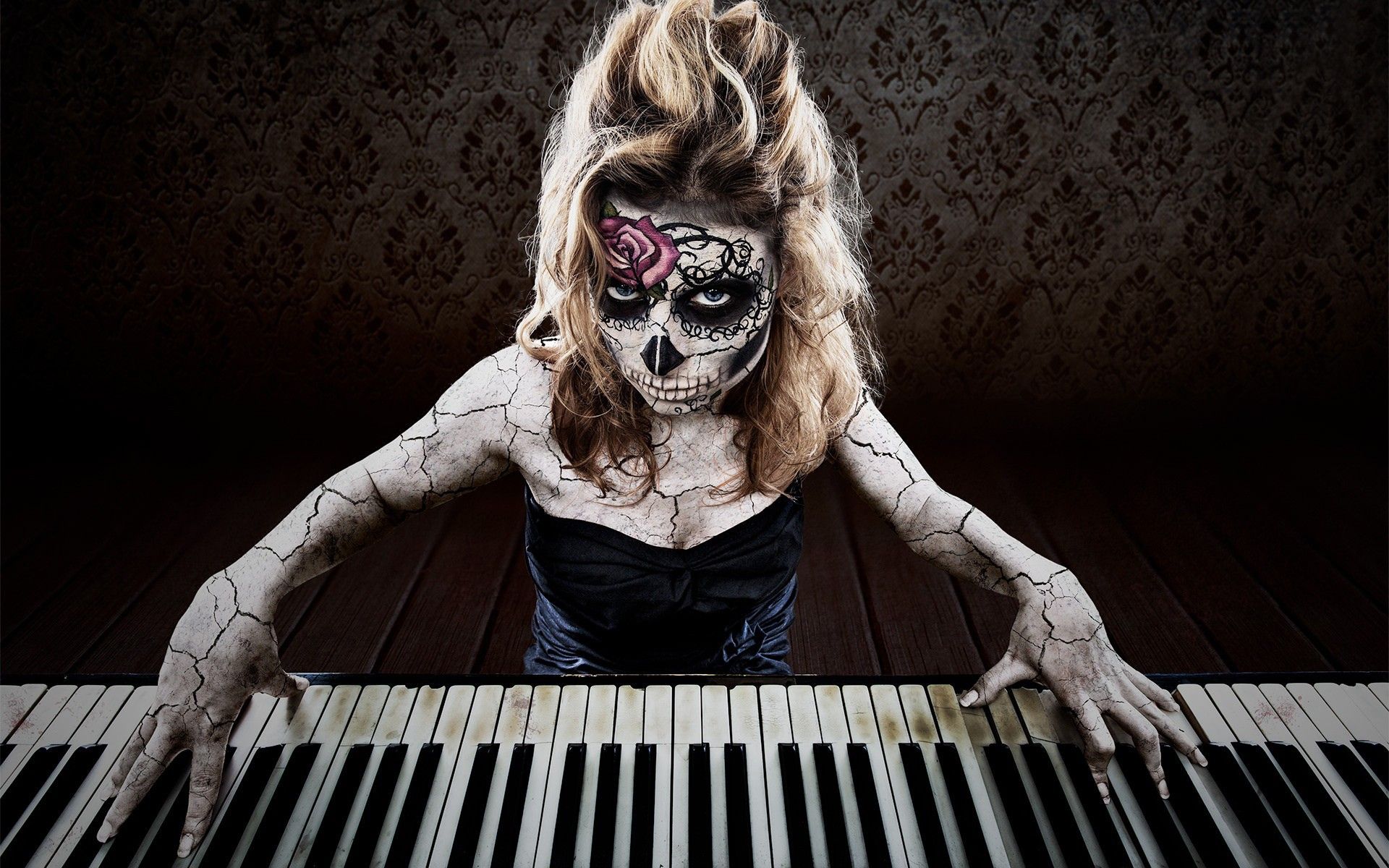 Tattooed girl playing the piano wallpaper and image, picture, photo