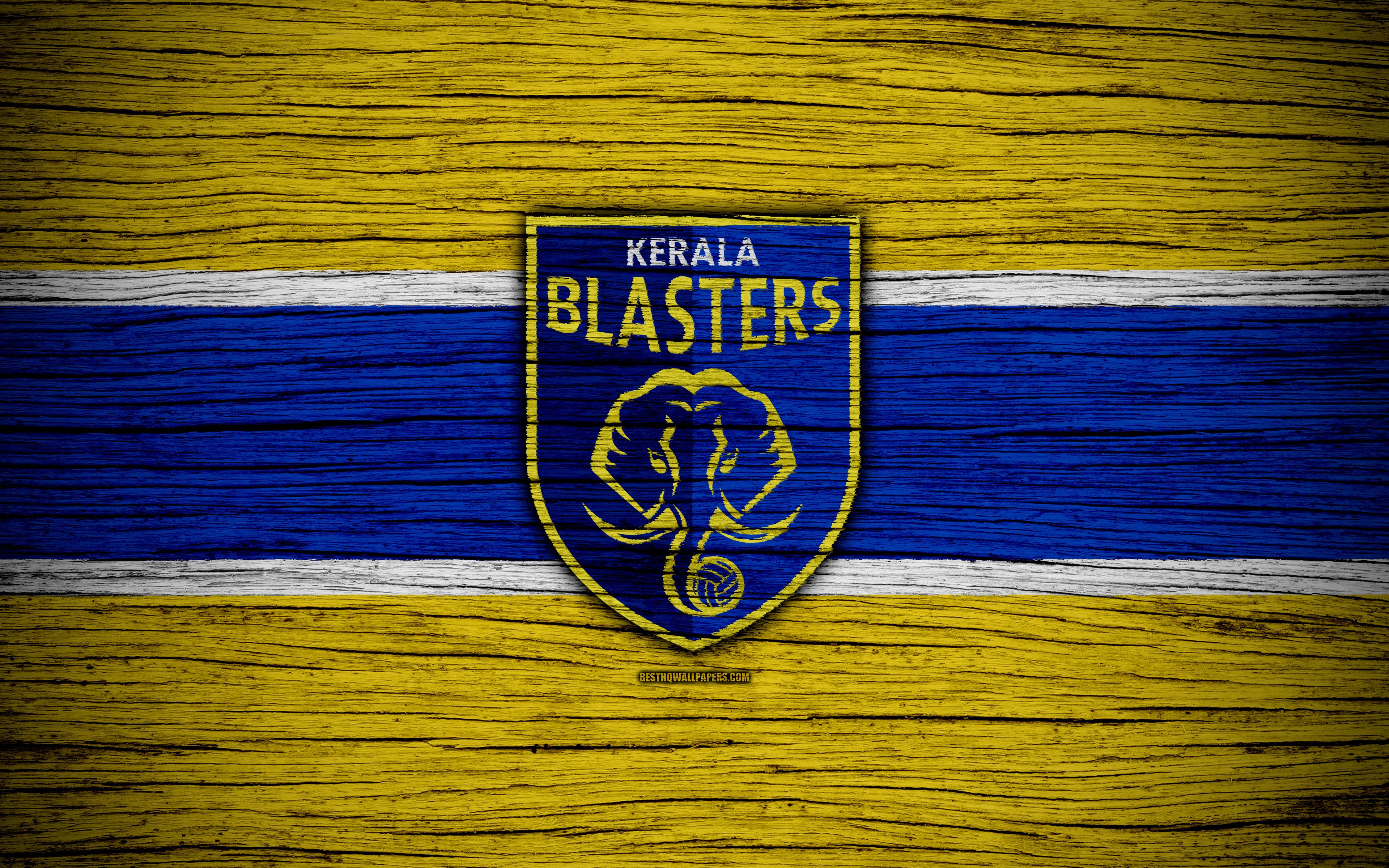 Download wallpaper Kerala Blasters FC, 4k, Indian Super League, soccer, India, football club, ISL, Kerala Blasters, wooden texture, FC Kerala Blasters for desktop with resolution 3840x2400. High Quality HD picture wallpaper