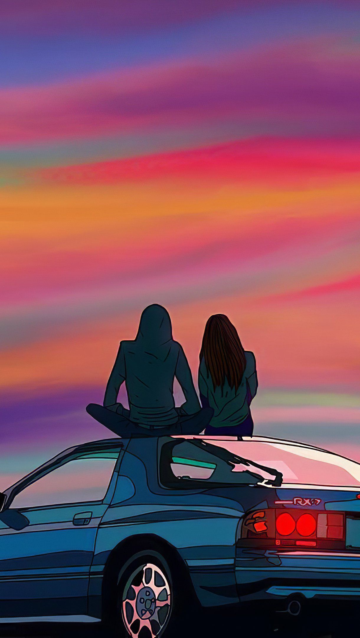 Couple sitting on car at sunset Wallpaper 4k Ultra HD