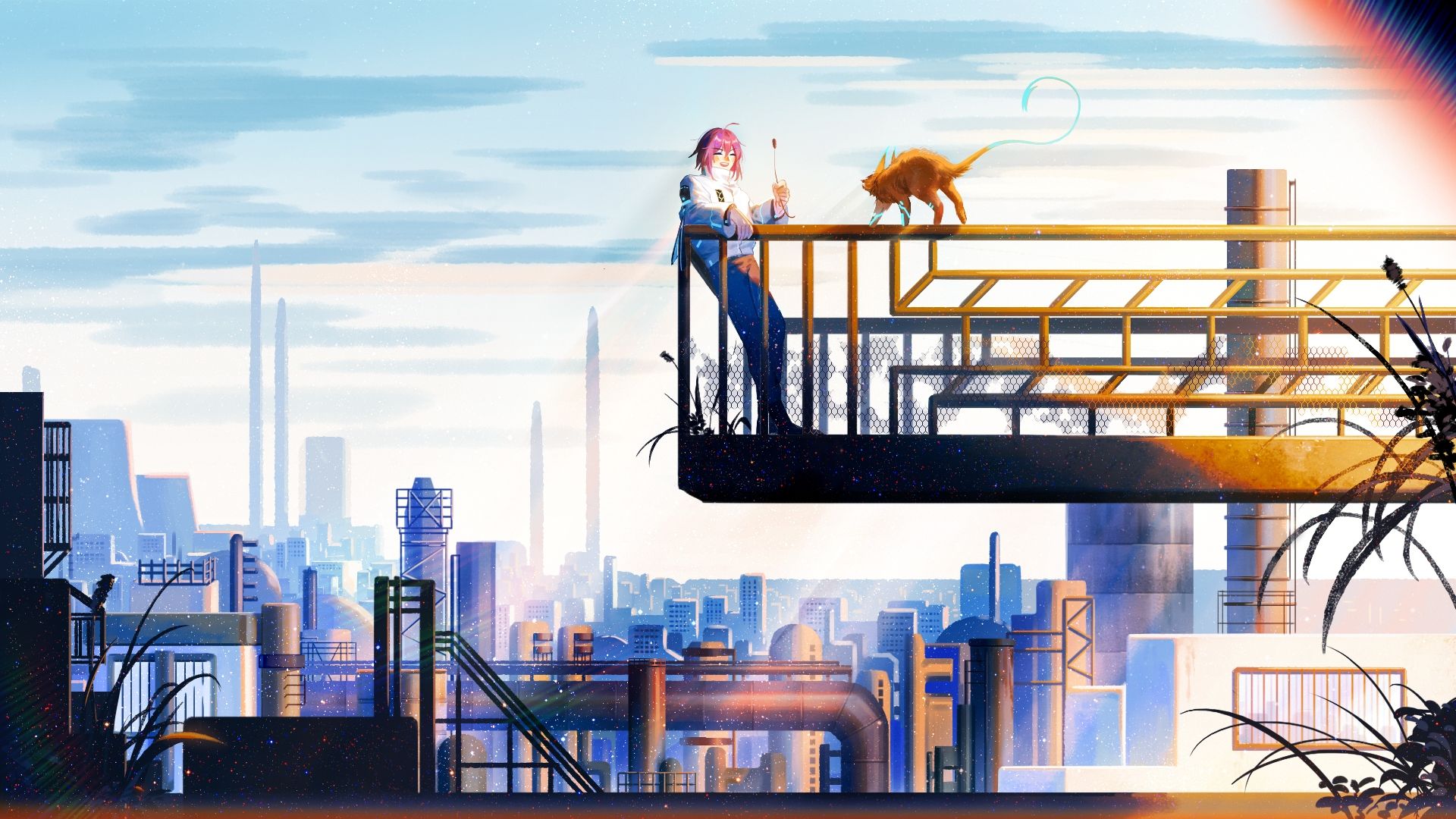 Download 1920x1080 Anime Boy, Industrial City, Scenic Wallpaper for Widescreen