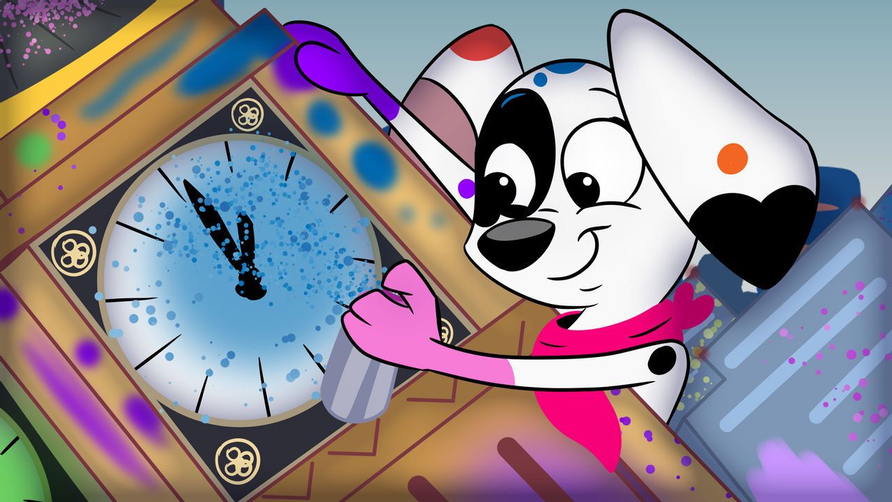 Safe, Artist:babclayton, Canine, Dalmatian, Dog, Mammal, Semi Anthro, 101 Dalmatian Street, 101 Dalmatians, Disney, Big Ben, Clock, Da Vinci (101 Dalmatian Street), London, Macro, Paint, Spray Can, Spray Paint, Tower