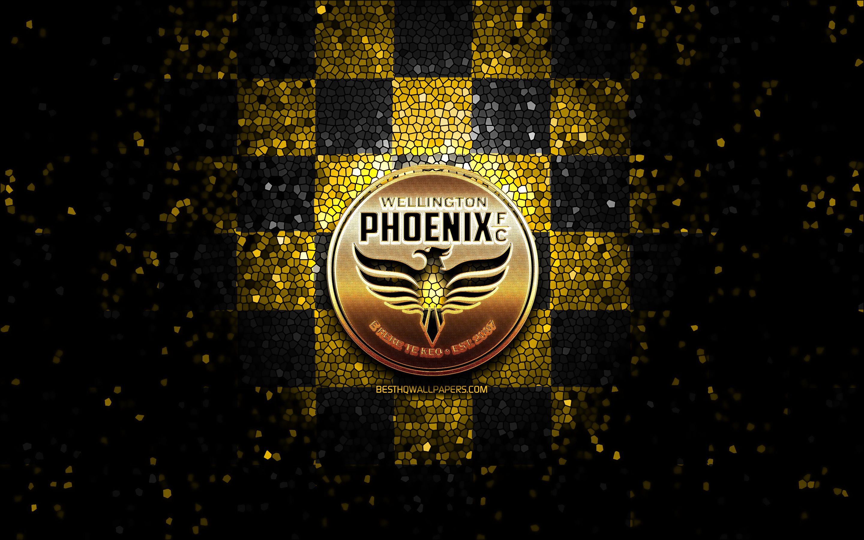 Download Wallpaper Wellington Phoenix FC, Glitter Logo, A League, Yellow Black Checkered Background, Soccer, Australian Football Club, Wellington Phoenix Logo, Australia, Mosaic Art, Football, Wellington Phoenix For Desktop With Resolution 2880x1800